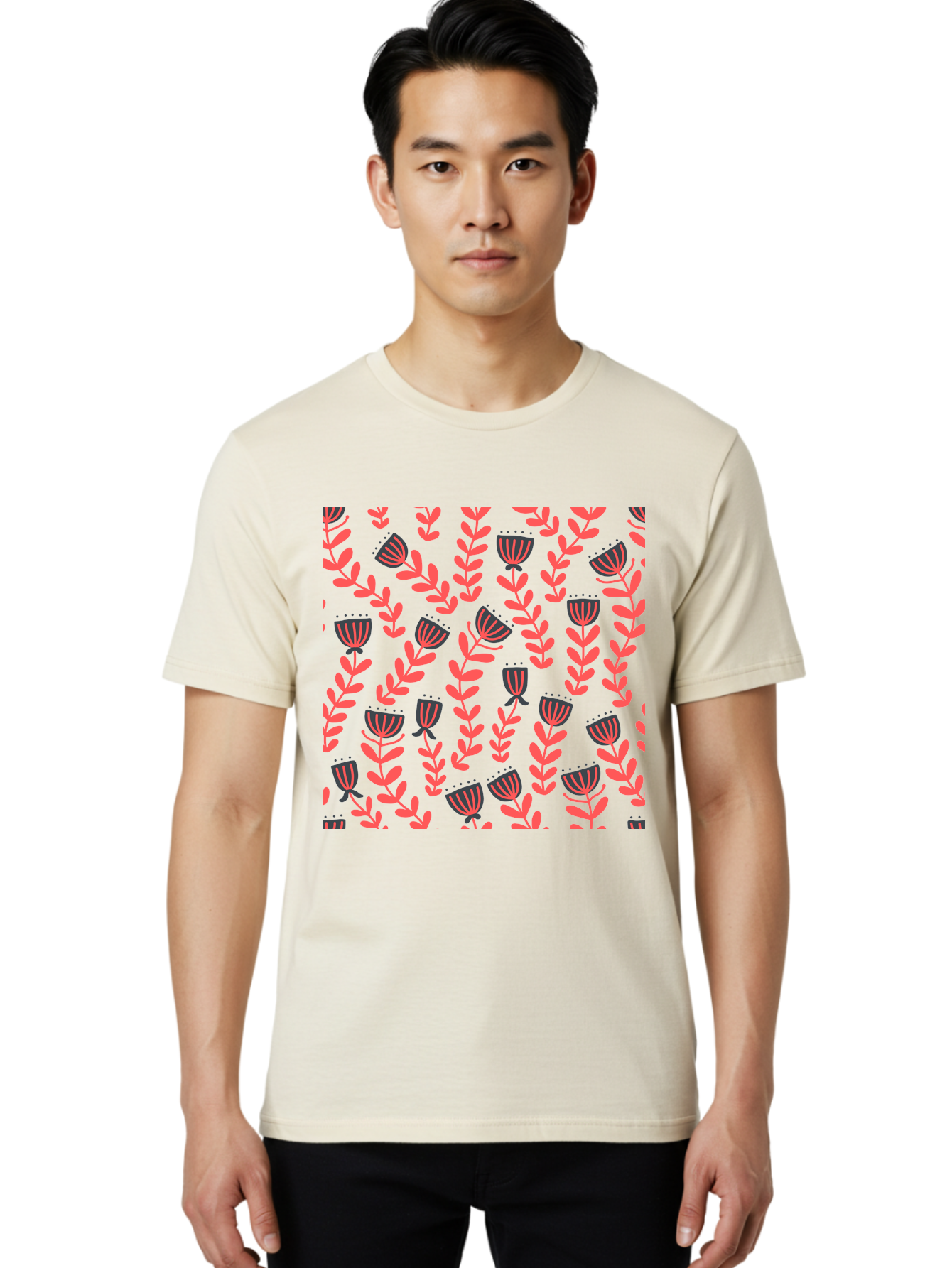 Tulip-Pattern Men'S Graphic Tee, 100% Cotton, Comfortable Casual Summer Wear, Machine Washable, Repeating Pattern, Pink Flowers, Leaves, Floral Design, Abstract Shapes, Vibrant Colors, Striped Patterns, Whimsical Art Aab811