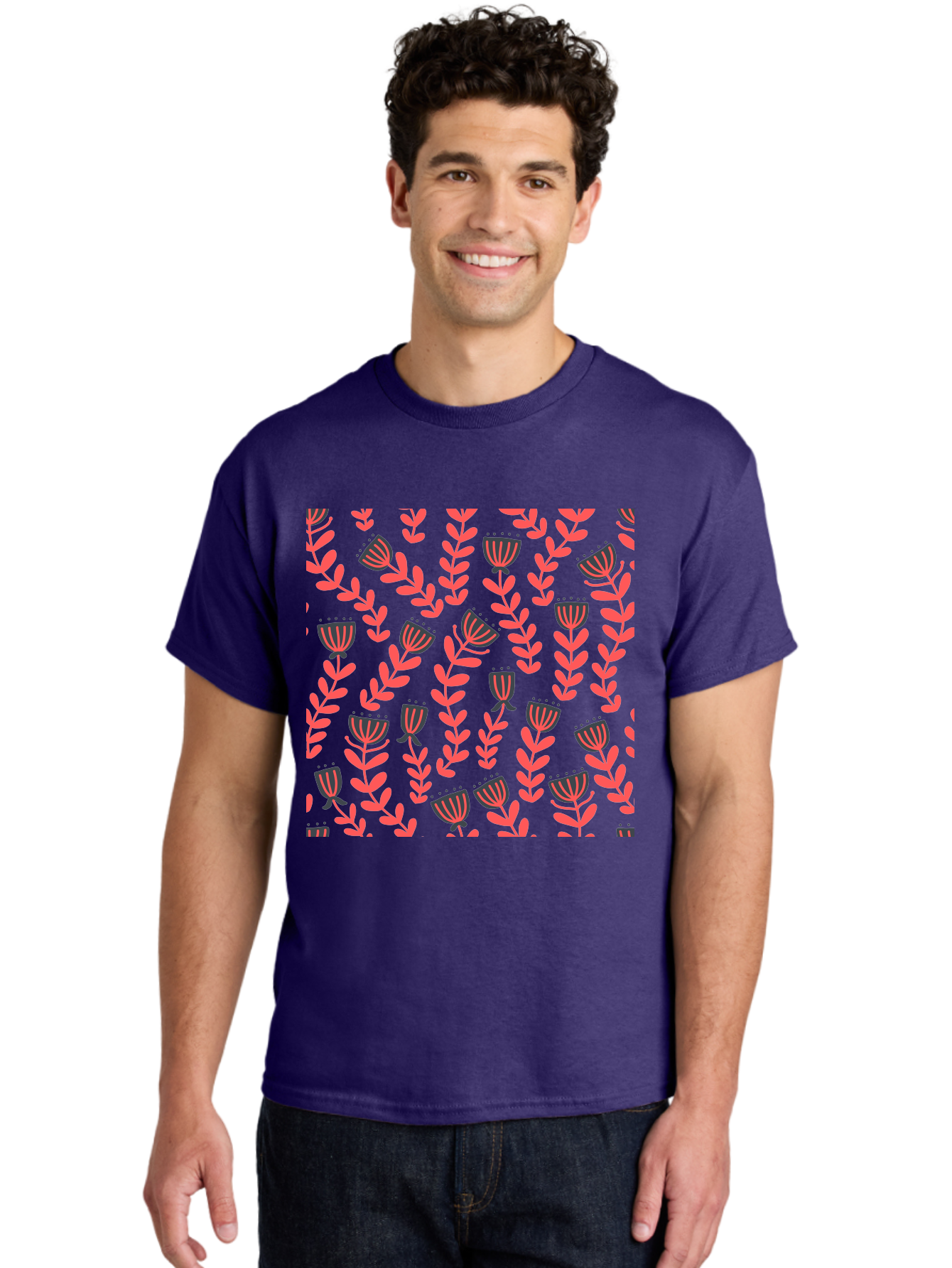 Tulip-Pattern Men'S Graphic Tee, 100% Cotton, Comfortable Casual Summer Wear, Machine Washable, Repeating Pattern, Pink Flowers, Leaves, Floral Design, Abstract Shapes, Vibrant Colors, Striped Patterns, Whimsical Art Aab811