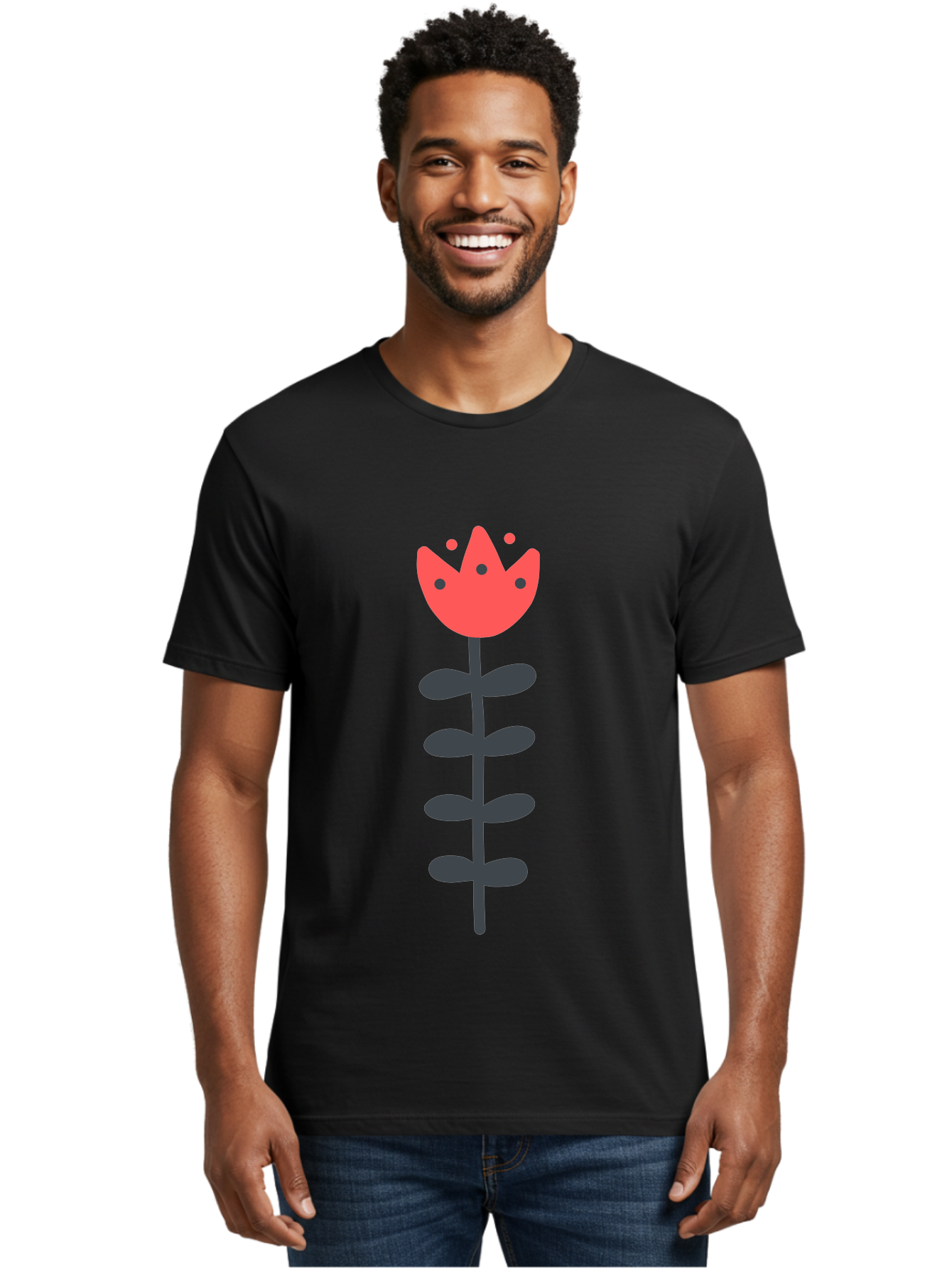 Tulip Men'S Graphic Tee, 100% Cotton, Comfortable Casual Summer Wear, Machine Washable, Red Tulip, Simple Flower, Minimalist Design, Floral Illustration, Cute Cartoon Flower, Vibrant Red Petals, Simple Stem, Black Leaves Aab812