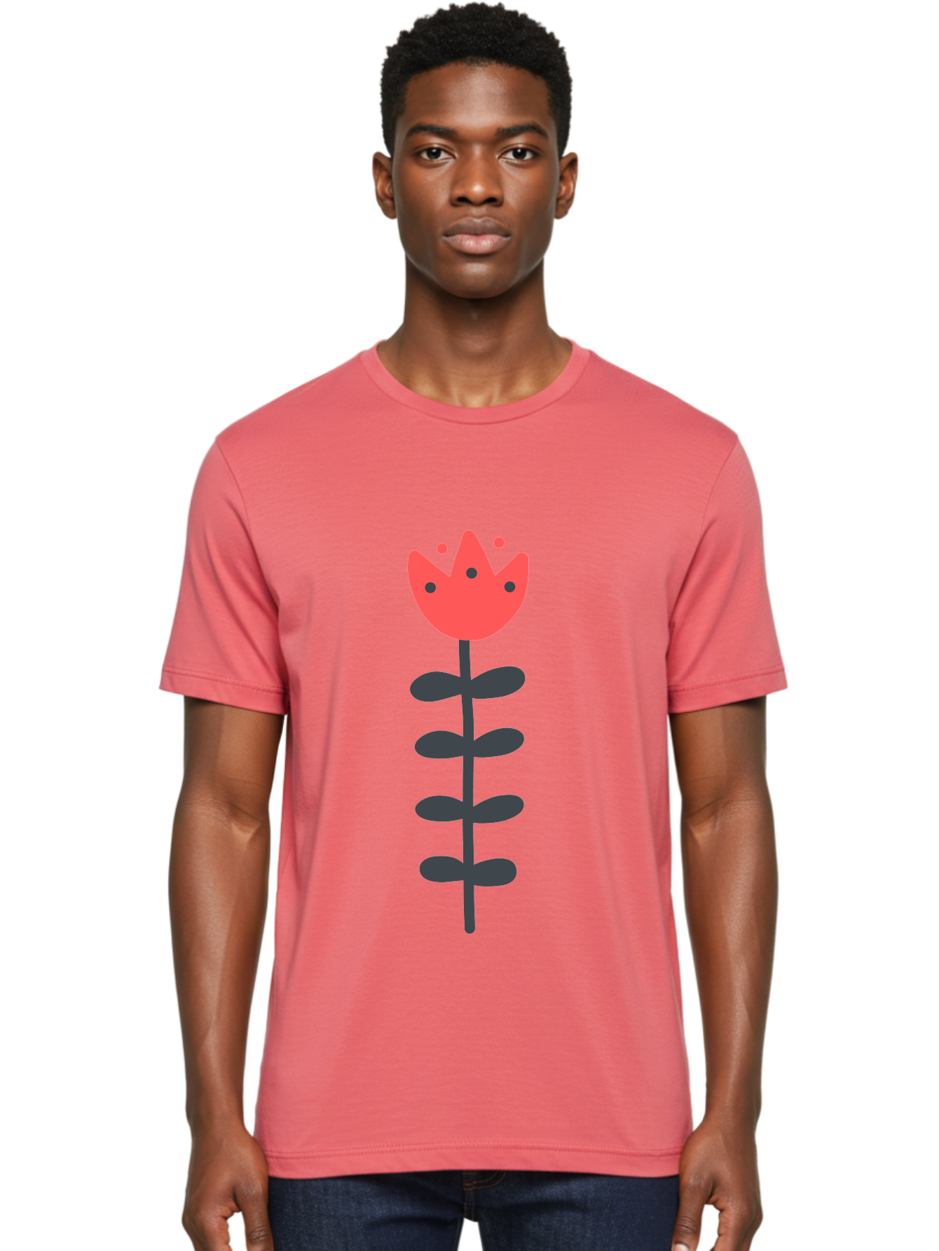 Tulip Men'S Graphic Tee, 100% Cotton, Comfortable Casual Summer Wear, Machine Washable, Red Tulip, Simple Flower, Minimalist Design, Floral Illustration, Cute Cartoon Flower, Vibrant Red Petals, Simple Stem, Black Leaves Aab812