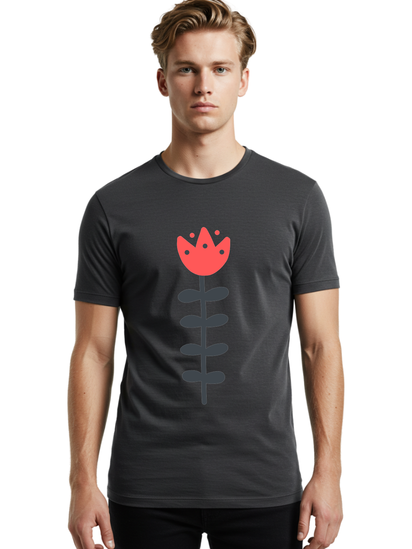 Tulip Men'S Graphic Tee, 100% Cotton, Comfortable Casual Summer Wear, Machine Washable, Red Tulip, Simple Flower, Minimalist Design, Floral Illustration, Cute Cartoon Flower, Vibrant Red Petals, Simple Stem, Black Leaves Aab812