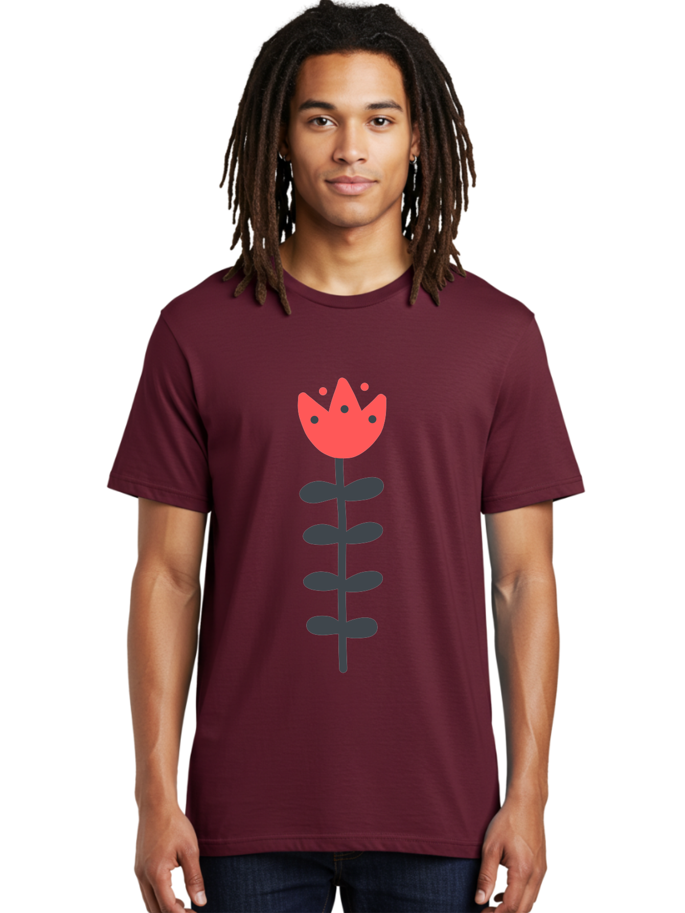 Tulip Men'S Graphic Tee, 100% Cotton, Comfortable Casual Summer Wear, Machine Washable, Red Tulip, Simple Flower, Minimalist Design, Floral Illustration, Cute Cartoon Flower, Vibrant Red Petals, Simple Stem, Black Leaves Aab812