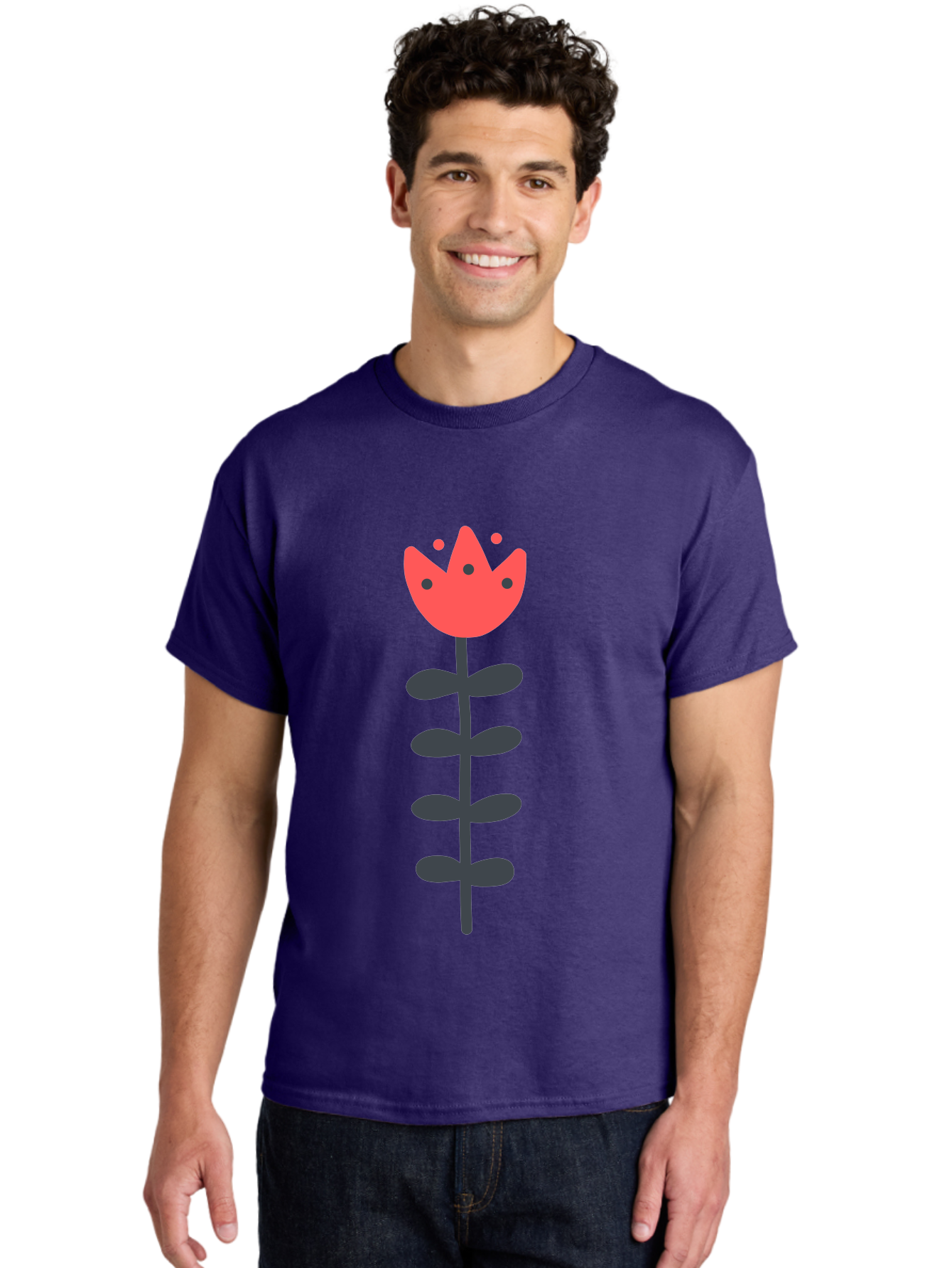 Tulip Men'S Graphic Tee, 100% Cotton, Comfortable Casual Summer Wear, Machine Washable, Red Tulip, Simple Flower, Minimalist Design, Floral Illustration, Cute Cartoon Flower, Vibrant Red Petals, Simple Stem, Black Leaves Aab812