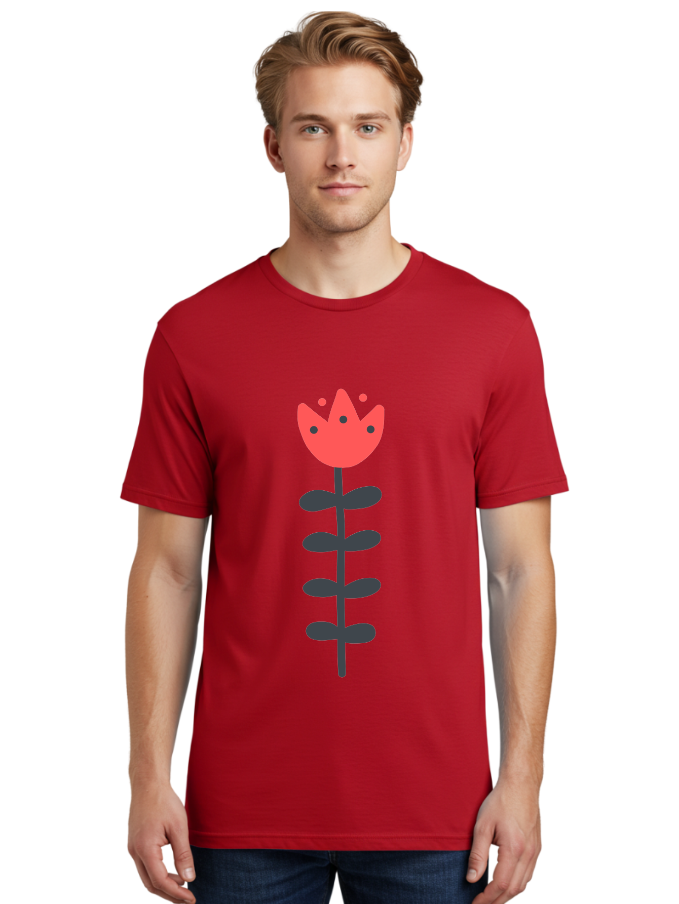 Tulip Men'S Graphic Tee, 100% Cotton, Comfortable Casual Summer Wear, Machine Washable, Red Tulip, Simple Flower, Minimalist Design, Floral Illustration, Cute Cartoon Flower, Vibrant Red Petals, Simple Stem, Black Leaves Aab812