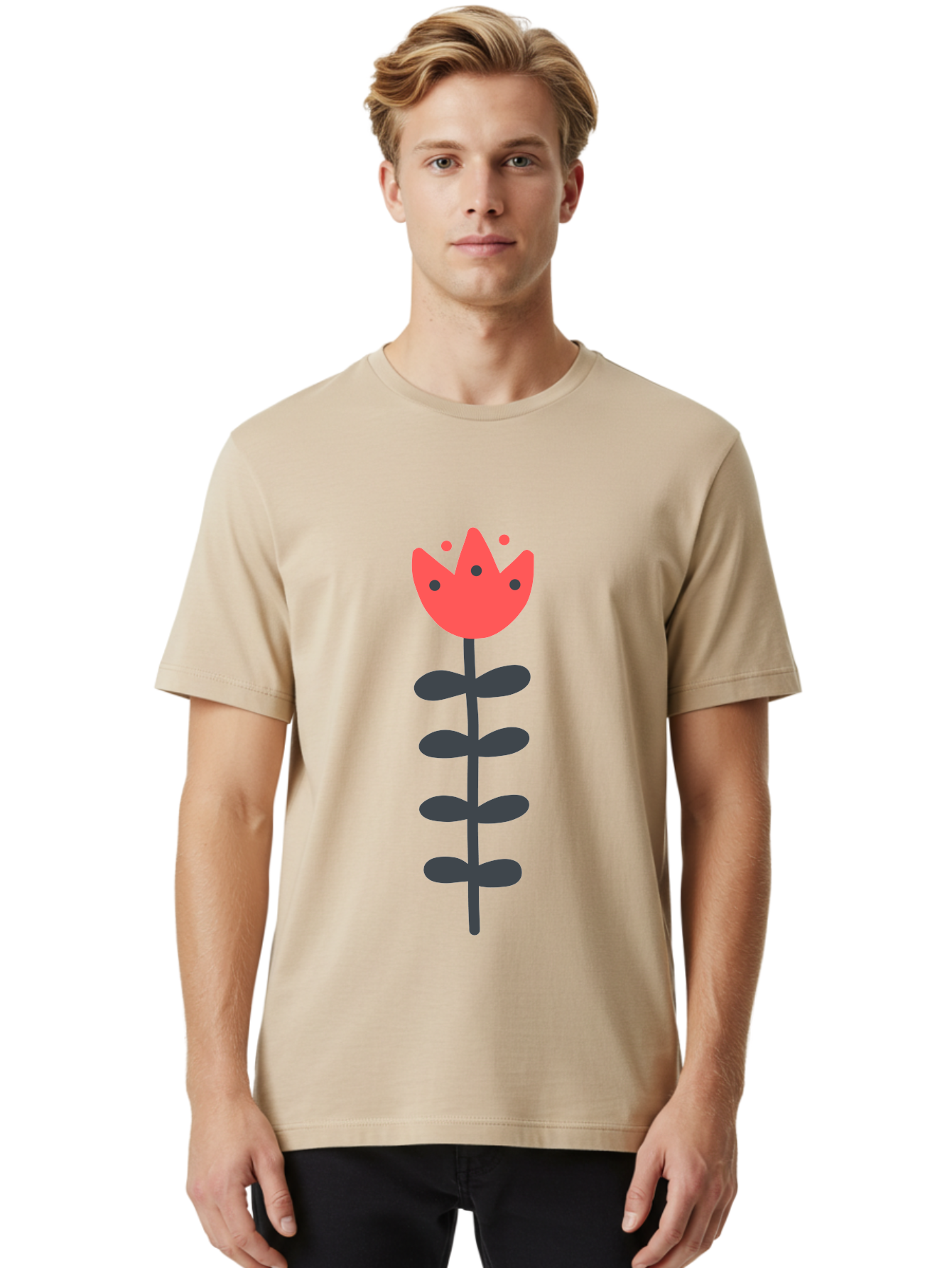 Tulip Men'S Graphic Tee, 100% Cotton, Comfortable Casual Summer Wear, Machine Washable, Red Tulip, Simple Flower, Minimalist Design, Floral Illustration, Cute Cartoon Flower, Vibrant Red Petals, Simple Stem, Black Leaves Aab812