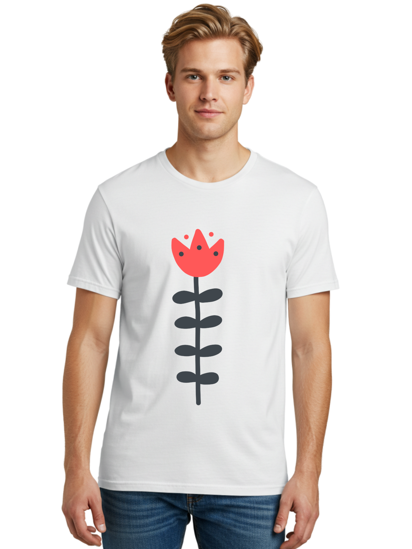 Tulip Men'S Graphic Tee, 100% Cotton, Comfortable Casual Summer Wear, Machine Washable, Red Tulip, Simple Flower, Minimalist Design, Floral Illustration, Cute Cartoon Flower, Vibrant Red Petals, Simple Stem, Black Leaves Aab812