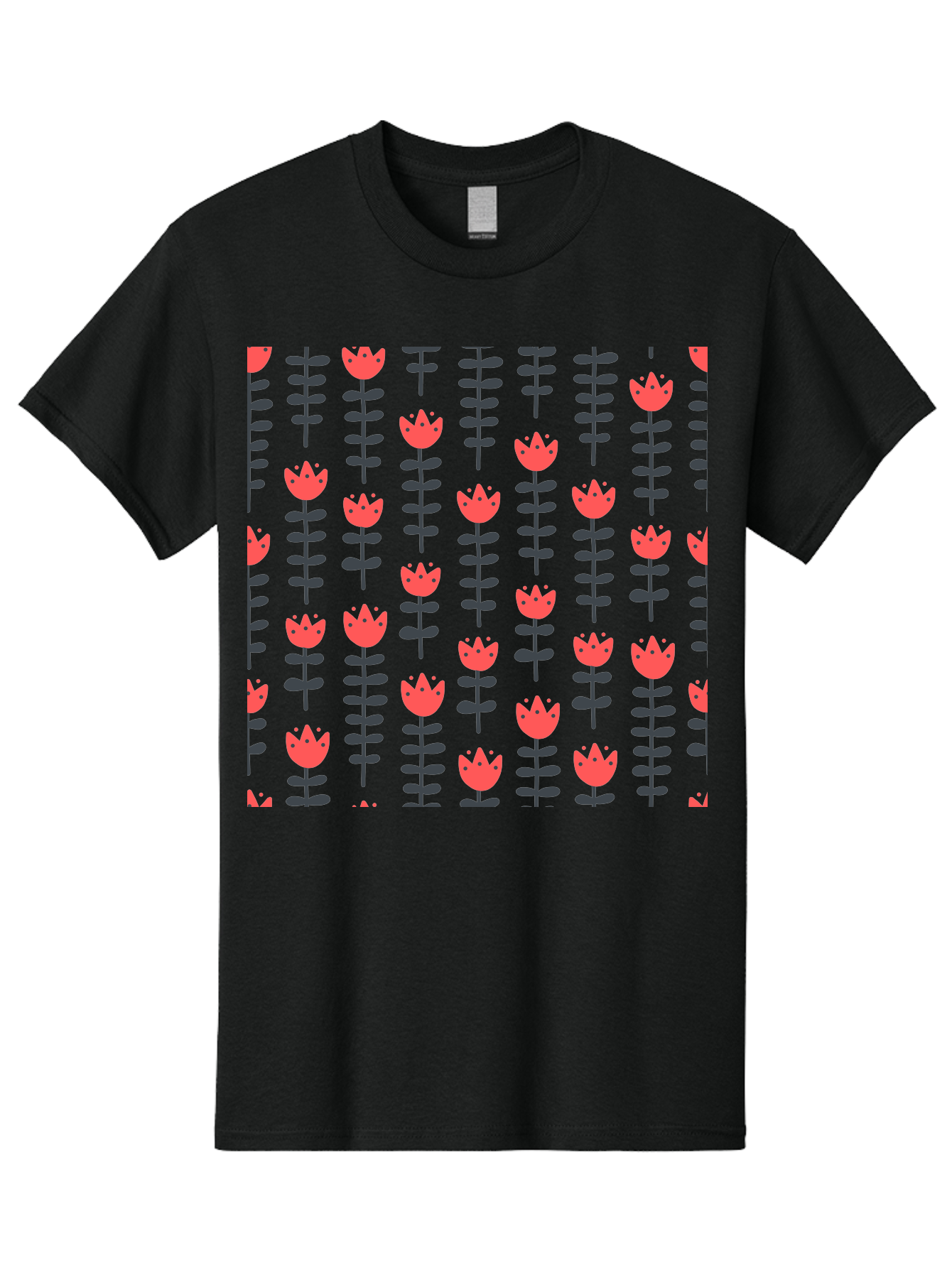 Tulips-Pattern Men'S Graphic Tee, 100% Cotton, Comfortable Casual Summer Wear, Machine Washable, Red Flowers, Green Stems, Floral Design, Repeating Pattern, Cartoon Style, Simple Shapes, Whimsical Art, Playful Graphics, Minimalist Decor Aab813