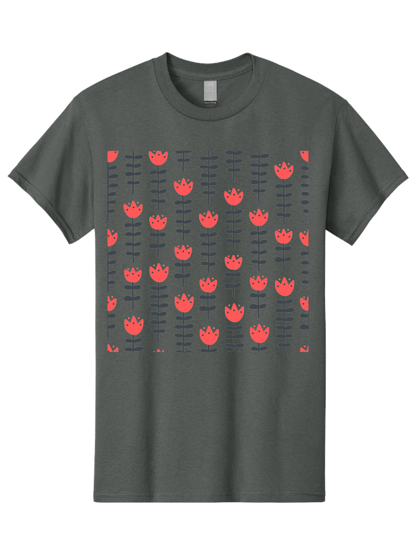 Tulips-Pattern Men'S Graphic Tee, 100% Cotton, Comfortable Casual Summer Wear, Machine Washable, Red Flowers, Green Stems, Floral Design, Repeating Pattern, Cartoon Style, Simple Shapes, Whimsical Art, Playful Graphics, Minimalist Decor Aab813