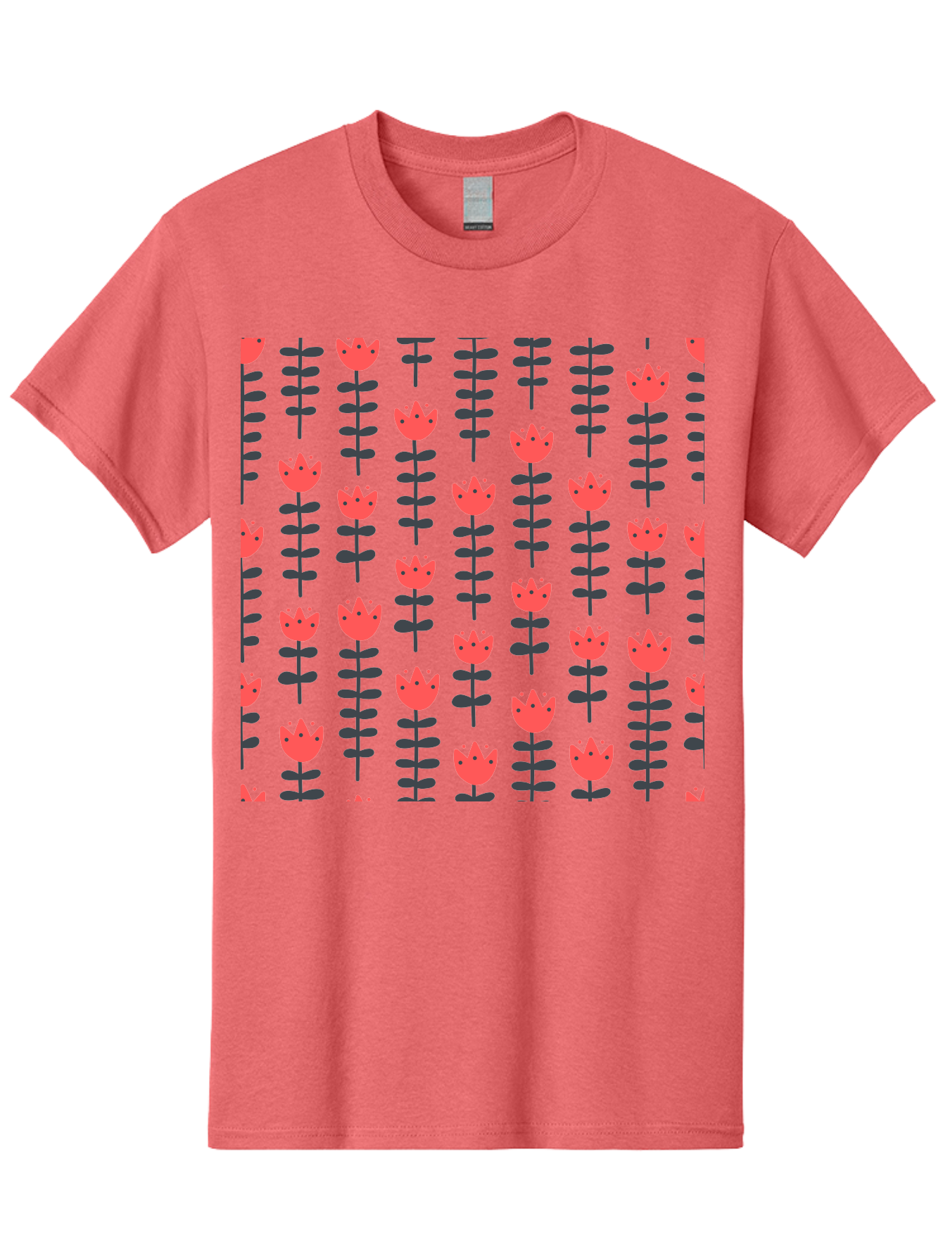 Tulips-Pattern Men'S Graphic Tee, 100% Cotton, Comfortable Casual Summer Wear, Machine Washable, Red Flowers, Green Stems, Floral Design, Repeating Pattern, Cartoon Style, Simple Shapes, Whimsical Art, Playful Graphics, Minimalist Decor Aab813