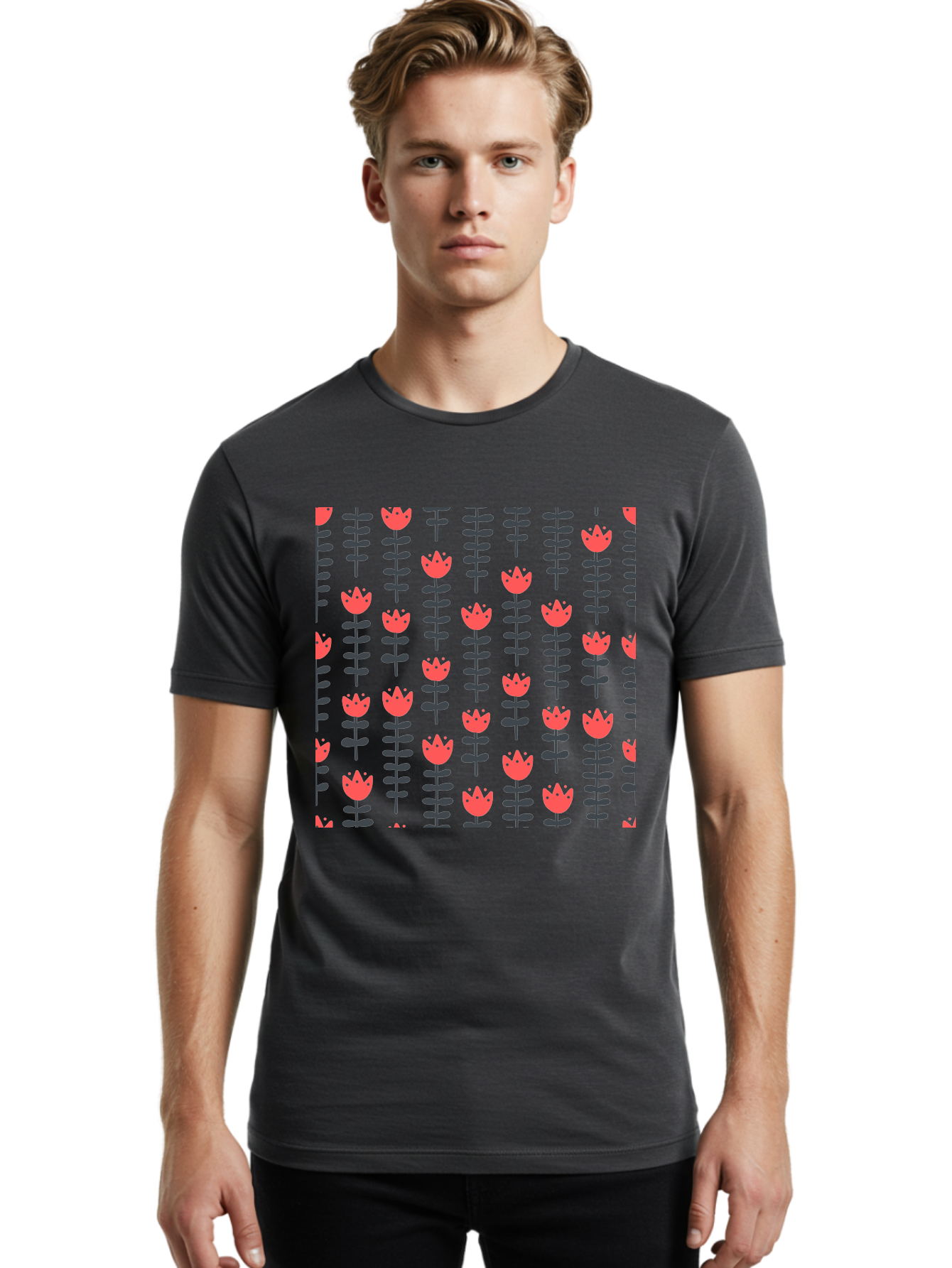 Tulips-Pattern Men'S Graphic Tee, 100% Cotton, Comfortable Casual Summer Wear, Machine Washable, Red Flowers, Green Stems, Floral Design, Repeating Pattern, Cartoon Style, Simple Shapes, Whimsical Art, Playful Graphics, Minimalist Decor Aab813