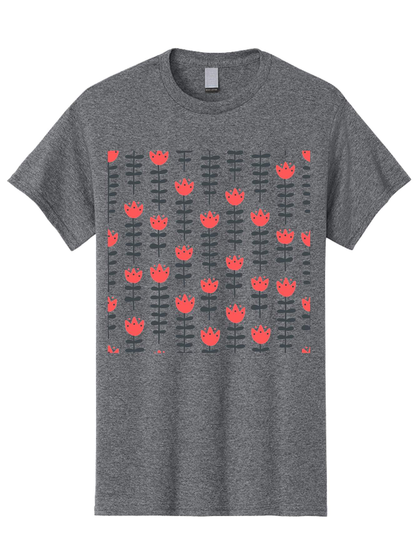 Tulips-Pattern Men'S Graphic Tee, 100% Cotton, Comfortable Casual Summer Wear, Machine Washable, Red Flowers, Green Stems, Floral Design, Repeating Pattern, Cartoon Style, Simple Shapes, Whimsical Art, Playful Graphics, Minimalist Decor Aab813