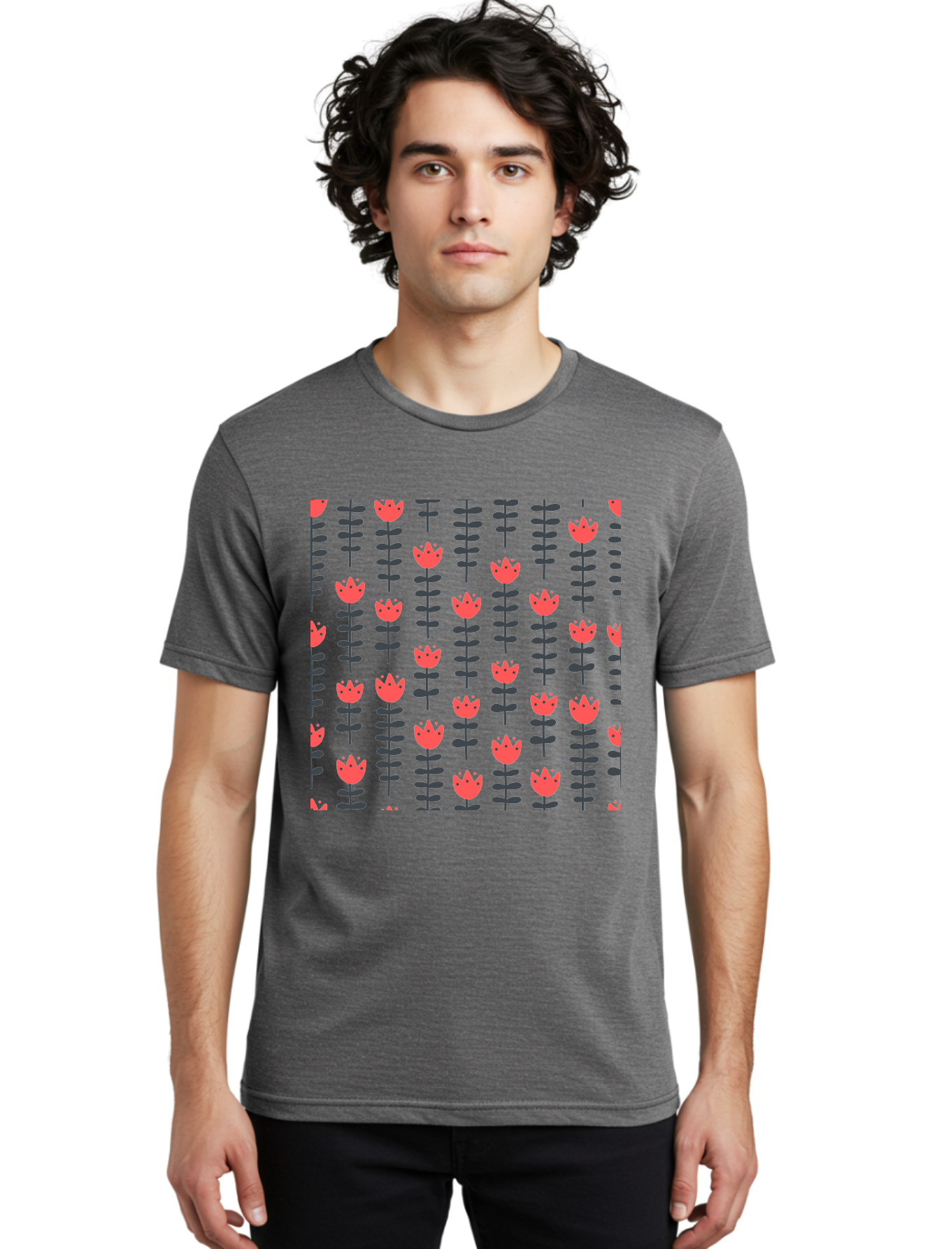 Tulips-Pattern Men'S Graphic Tee, 100% Cotton, Comfortable Casual Summer Wear, Machine Washable, Red Flowers, Green Stems, Floral Design, Repeating Pattern, Cartoon Style, Simple Shapes, Whimsical Art, Playful Graphics, Minimalist Decor Aab813
