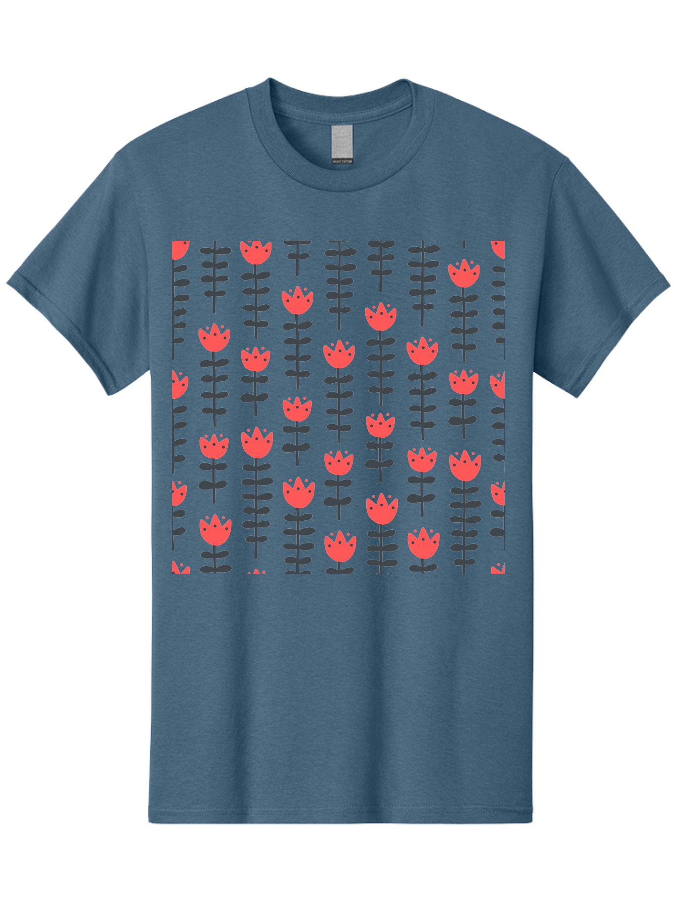 Tulips-Pattern Men'S Graphic Tee, 100% Cotton, Comfortable Casual Summer Wear, Machine Washable, Red Flowers, Green Stems, Floral Design, Repeating Pattern, Cartoon Style, Simple Shapes, Whimsical Art, Playful Graphics, Minimalist Decor Aab813