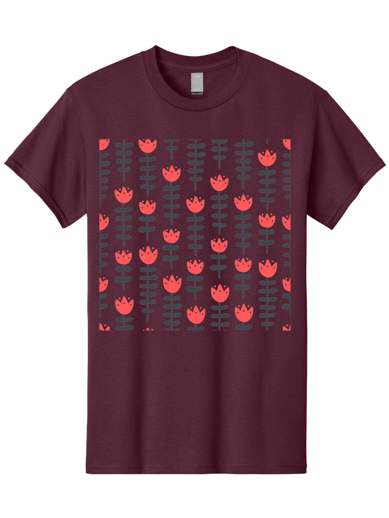 Tulips-Pattern Men'S Graphic Tee, 100% Cotton, Comfortable Casual Summer Wear, Machine Washable, Red Flowers, Green Stems, Floral Design, Repeating Pattern, Cartoon Style, Simple Shapes, Whimsical Art, Playful Graphics, Minimalist Decor Aab813
