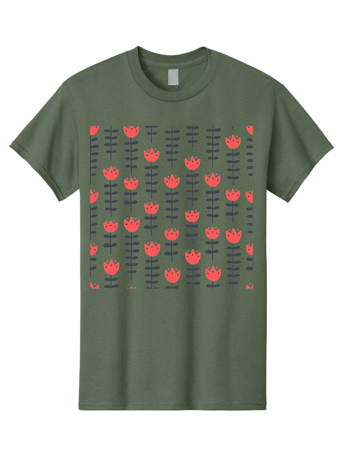 Tulips-Pattern Men'S Graphic Tee, 100% Cotton, Comfortable Casual Summer Wear, Machine Washable, Red Flowers, Green Stems, Floral Design, Repeating Pattern, Cartoon Style, Simple Shapes, Whimsical Art, Playful Graphics, Minimalist Decor Aab813