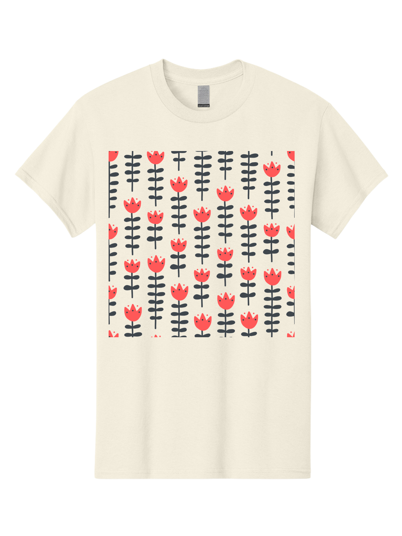 Tulips-Pattern Men'S Graphic Tee, 100% Cotton, Comfortable Casual Summer Wear, Machine Washable, Red Flowers, Green Stems, Floral Design, Repeating Pattern, Cartoon Style, Simple Shapes, Whimsical Art, Playful Graphics, Minimalist Decor Aab813