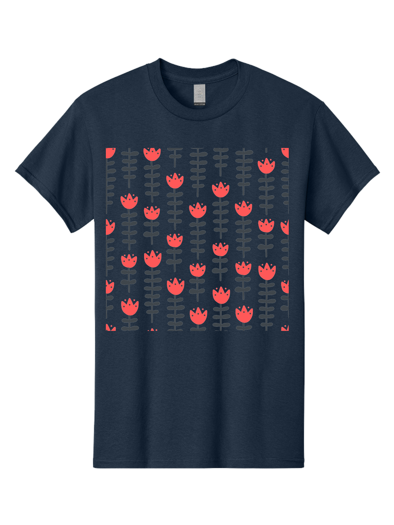 Tulips-Pattern Men'S Graphic Tee, 100% Cotton, Comfortable Casual Summer Wear, Machine Washable, Red Flowers, Green Stems, Floral Design, Repeating Pattern, Cartoon Style, Simple Shapes, Whimsical Art, Playful Graphics, Minimalist Decor Aab813
