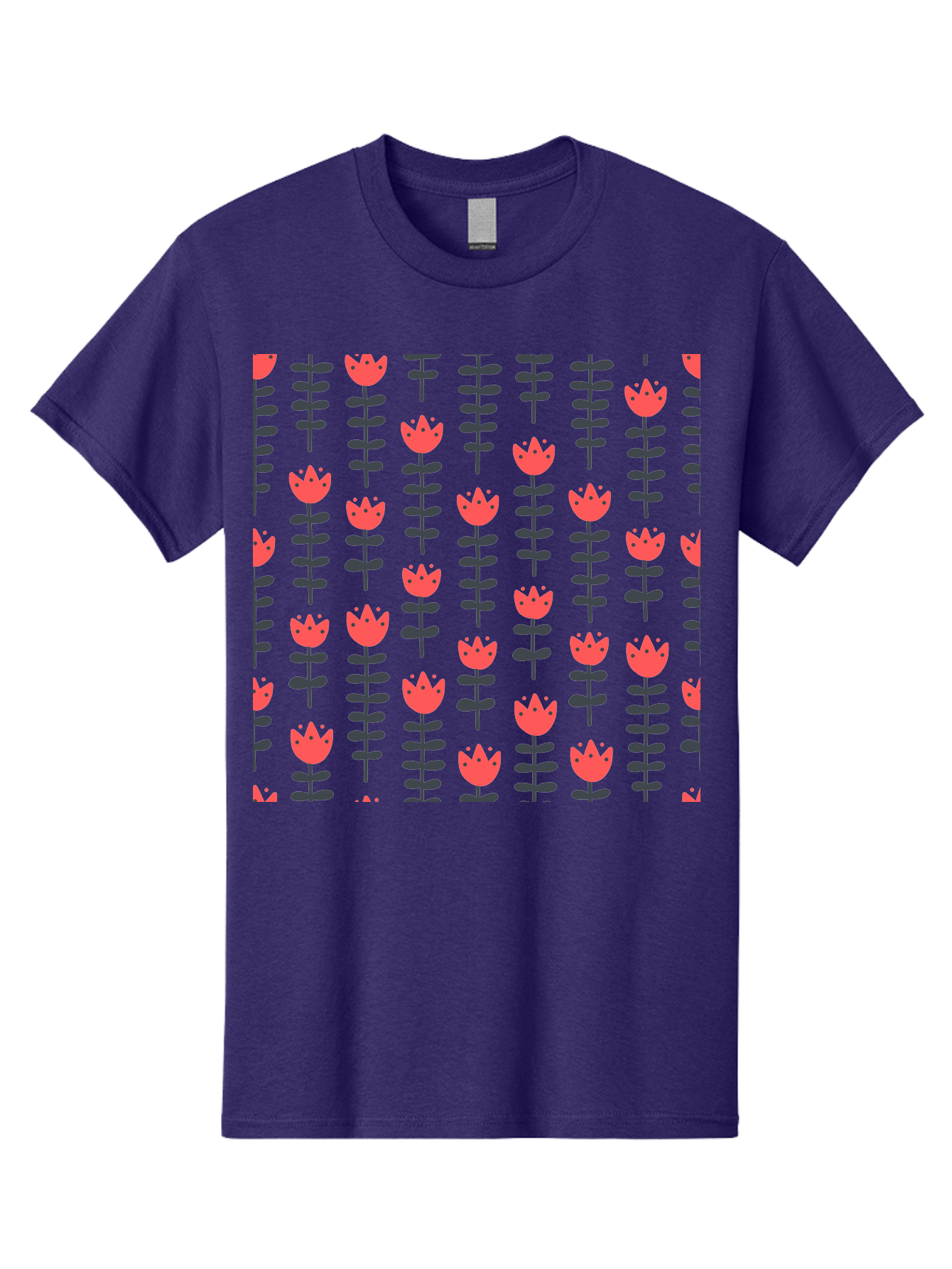 Tulips-Pattern Men'S Graphic Tee, 100% Cotton, Comfortable Casual Summer Wear, Machine Washable, Red Flowers, Green Stems, Floral Design, Repeating Pattern, Cartoon Style, Simple Shapes, Whimsical Art, Playful Graphics, Minimalist Decor Aab813