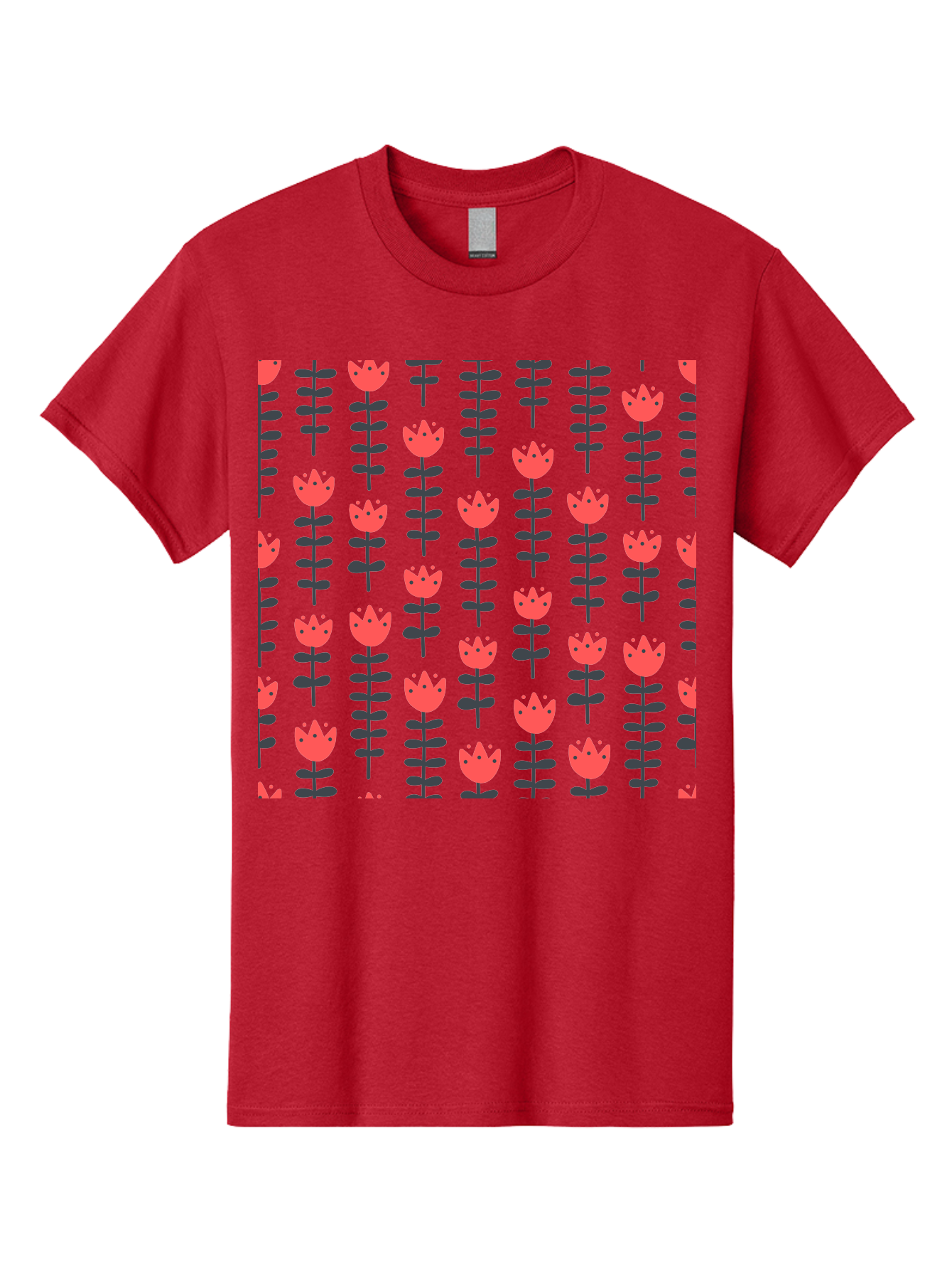 Tulips-Pattern Men'S Graphic Tee, 100% Cotton, Comfortable Casual Summer Wear, Machine Washable, Red Flowers, Green Stems, Floral Design, Repeating Pattern, Cartoon Style, Simple Shapes, Whimsical Art, Playful Graphics, Minimalist Decor Aab813