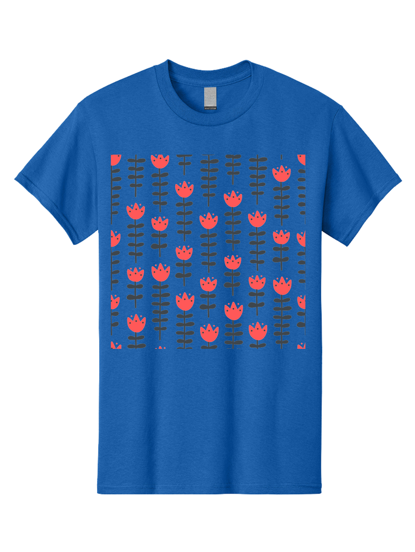 Tulips-Pattern Men'S Graphic Tee, 100% Cotton, Comfortable Casual Summer Wear, Machine Washable, Red Flowers, Green Stems, Floral Design, Repeating Pattern, Cartoon Style, Simple Shapes, Whimsical Art, Playful Graphics, Minimalist Decor Aab813