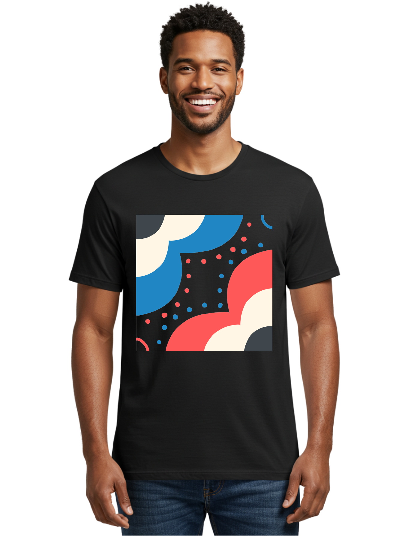 Vibrant-Dots-Pattern Men'S Graphic Tee, 100% Cotton, Comfortable Casual Summer Wear, Machine Washable, Colorful Abstract Pattern, Vibrant Shapes, Blue, Red, Pink, White, Black, Geometric Design, Playful Artwork, Modern Graphic, Trendy Colors, Aab815