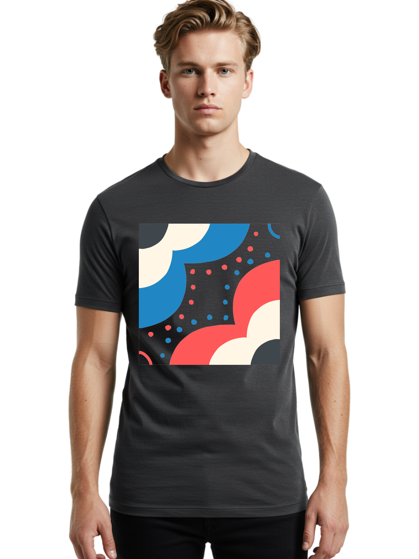Vibrant-Dots-Pattern Men'S Graphic Tee, 100% Cotton, Comfortable Casual Summer Wear, Machine Washable, Colorful Abstract Pattern, Vibrant Shapes, Blue, Red, Pink, White, Black, Geometric Design, Playful Artwork, Modern Graphic, Trendy Colors, Aab815
