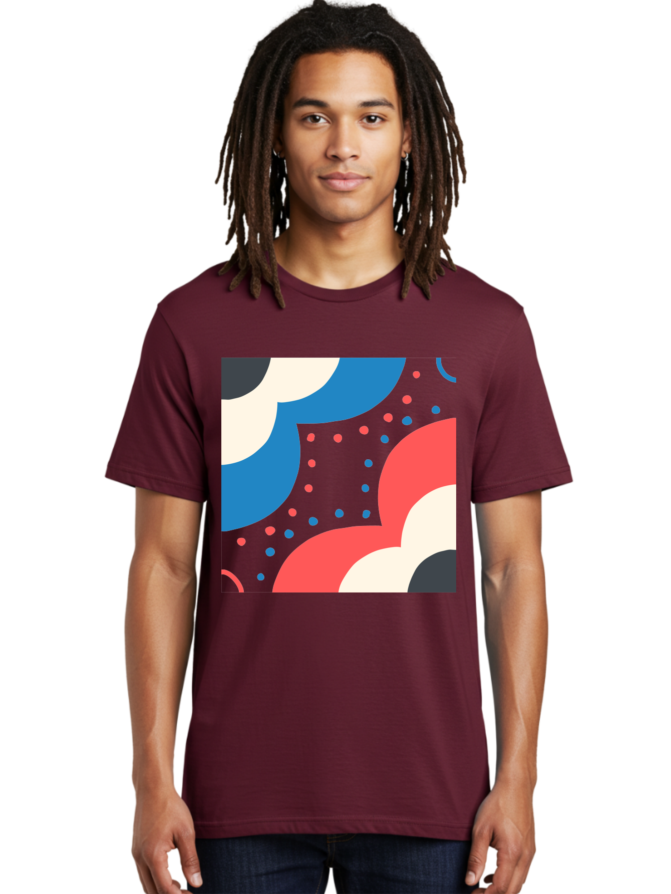 Vibrant-Dots-Pattern Men'S Graphic Tee, 100% Cotton, Comfortable Casual Summer Wear, Machine Washable, Colorful Abstract Pattern, Vibrant Shapes, Blue, Red, Pink, White, Black, Geometric Design, Playful Artwork, Modern Graphic, Trendy Colors, Aab815