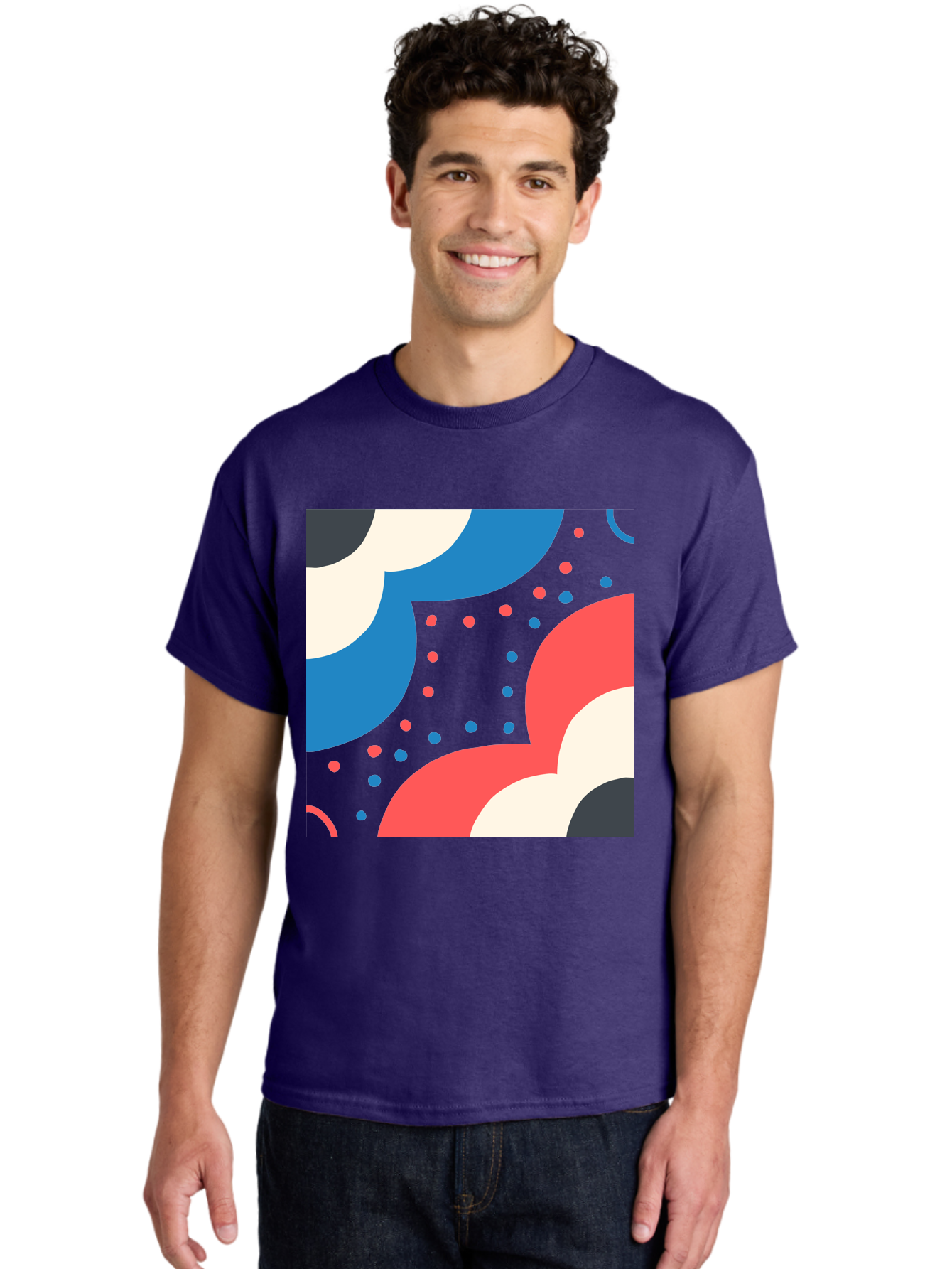 Vibrant-Dots-Pattern Men'S Graphic Tee, 100% Cotton, Comfortable Casual Summer Wear, Machine Washable, Colorful Abstract Pattern, Vibrant Shapes, Blue, Red, Pink, White, Black, Geometric Design, Playful Artwork, Modern Graphic, Trendy Colors, Aab815