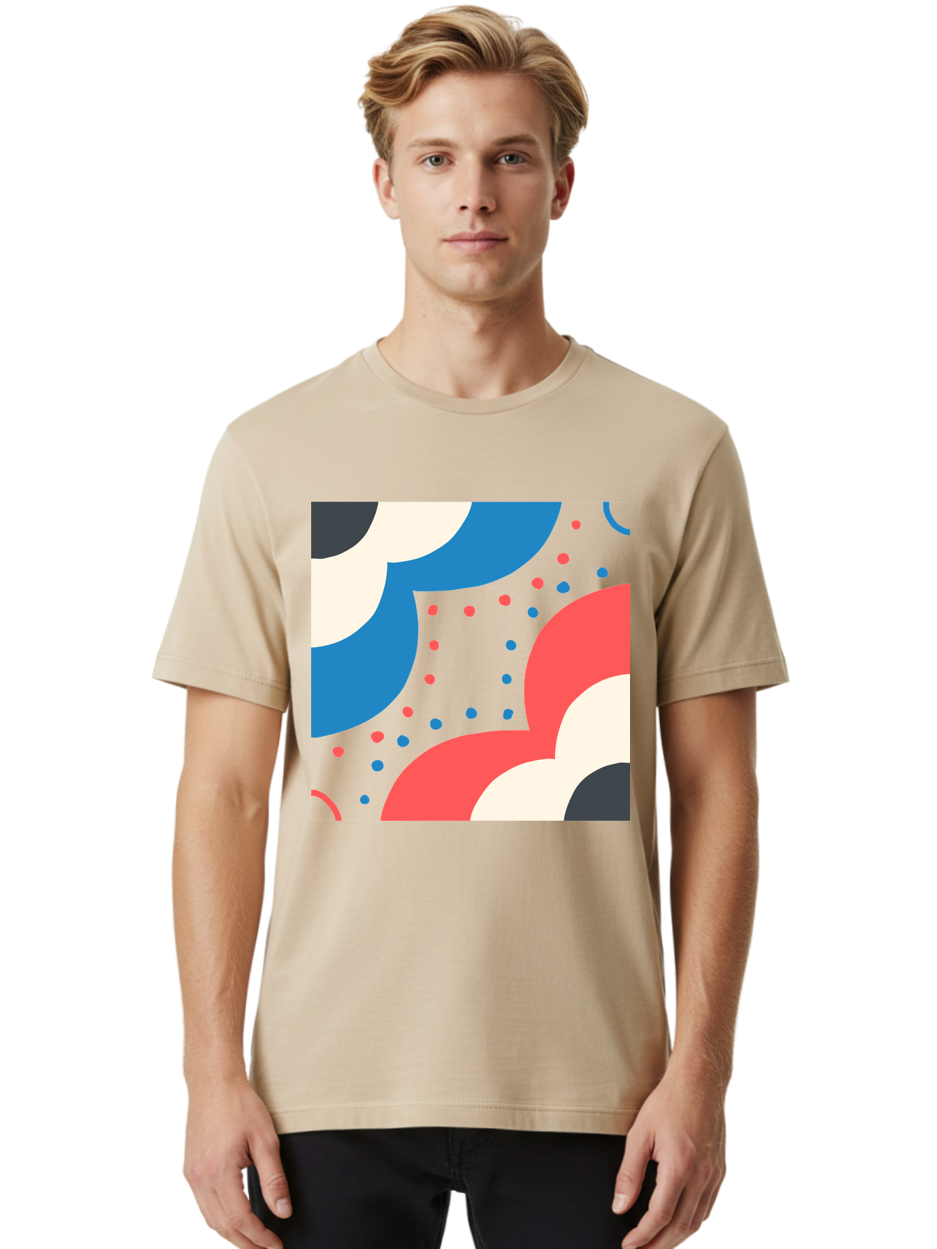 Vibrant-Dots-Pattern Men'S Graphic Tee, 100% Cotton, Comfortable Casual Summer Wear, Machine Washable, Colorful Abstract Pattern, Vibrant Shapes, Blue, Red, Pink, White, Black, Geometric Design, Playful Artwork, Modern Graphic, Trendy Colors, Aab815