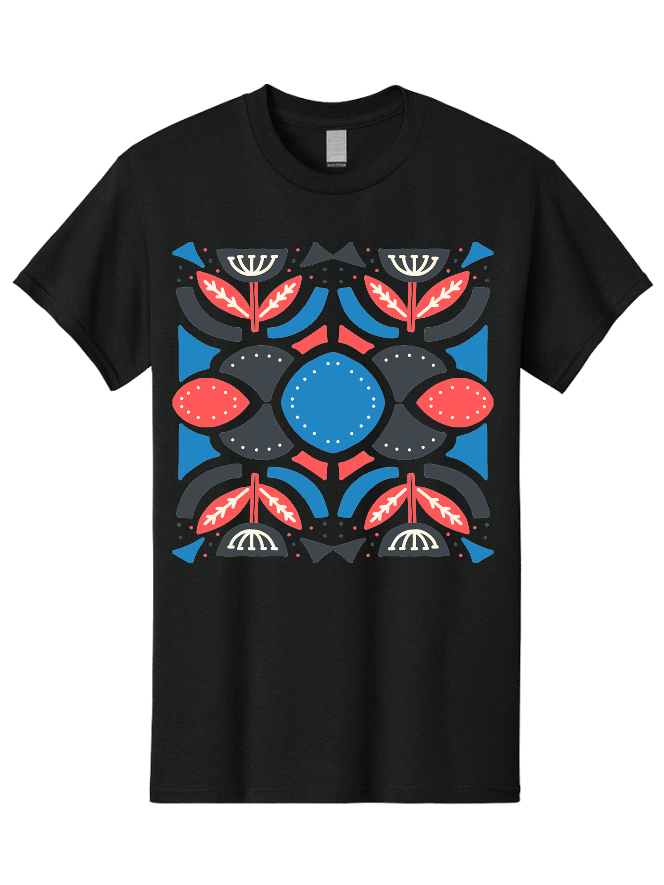 Vibrant-Floral-Pattern Men'S Graphic Tee, 100% Cotton, Comfortable Casual Summer Wear, Machine Washable, Floral Pattern, Geometric Shapes, Blue Center, Red And White Leaves, Black And Gray Accents, Symmetrical Design, Abstract Flowers, Aab816