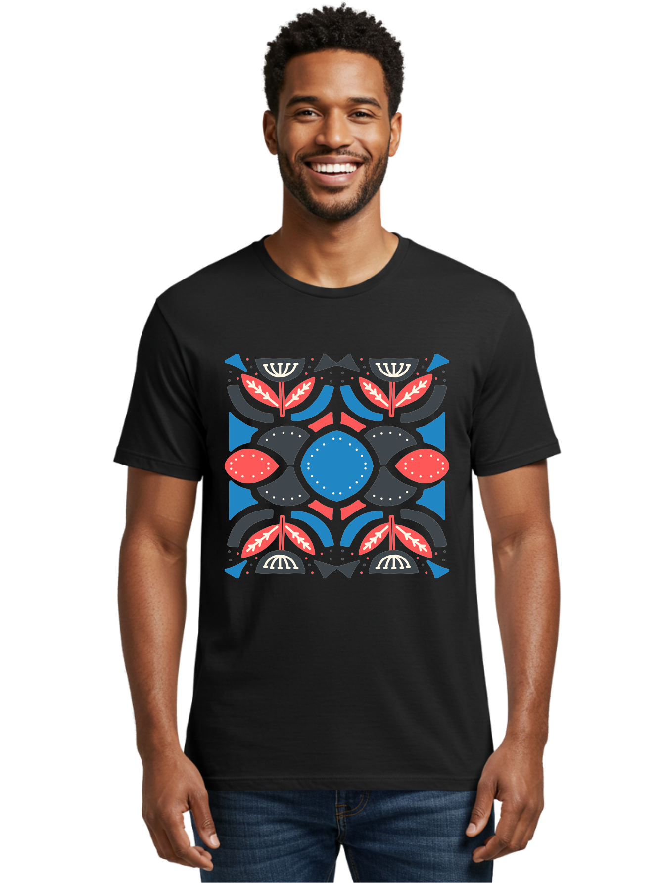 Vibrant-Floral-Pattern Men'S Graphic Tee, 100% Cotton, Comfortable Casual Summer Wear, Machine Washable, Floral Pattern, Geometric Shapes, Blue Center, Red And White Leaves, Black And Gray Accents, Symmetrical Design, Abstract Flowers, Aab816