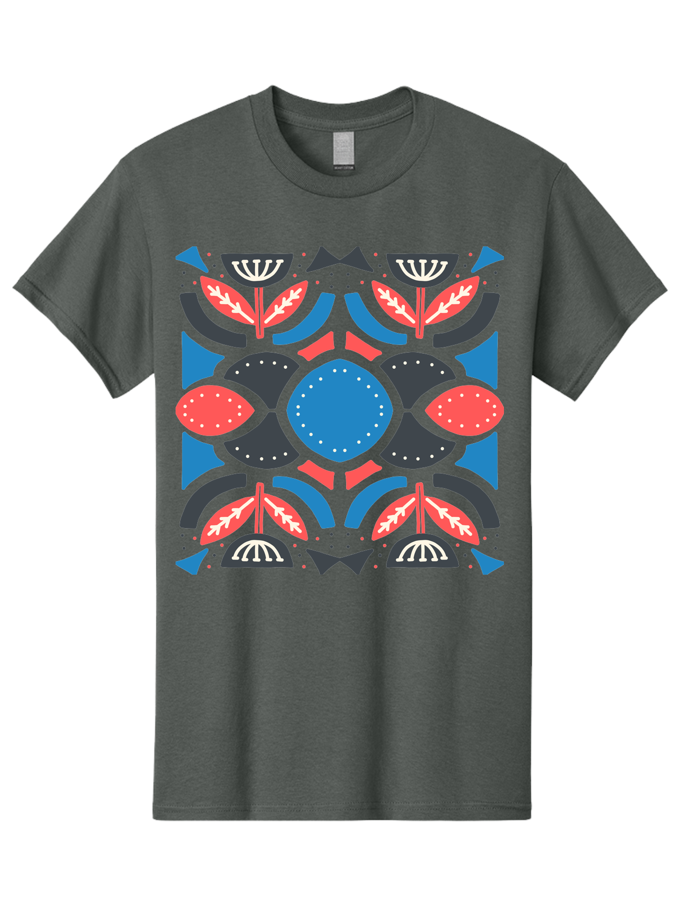 Vibrant-Floral-Pattern Men'S Graphic Tee, 100% Cotton, Comfortable Casual Summer Wear, Machine Washable, Floral Pattern, Geometric Shapes, Blue Center, Red And White Leaves, Black And Gray Accents, Symmetrical Design, Abstract Flowers, Aab816