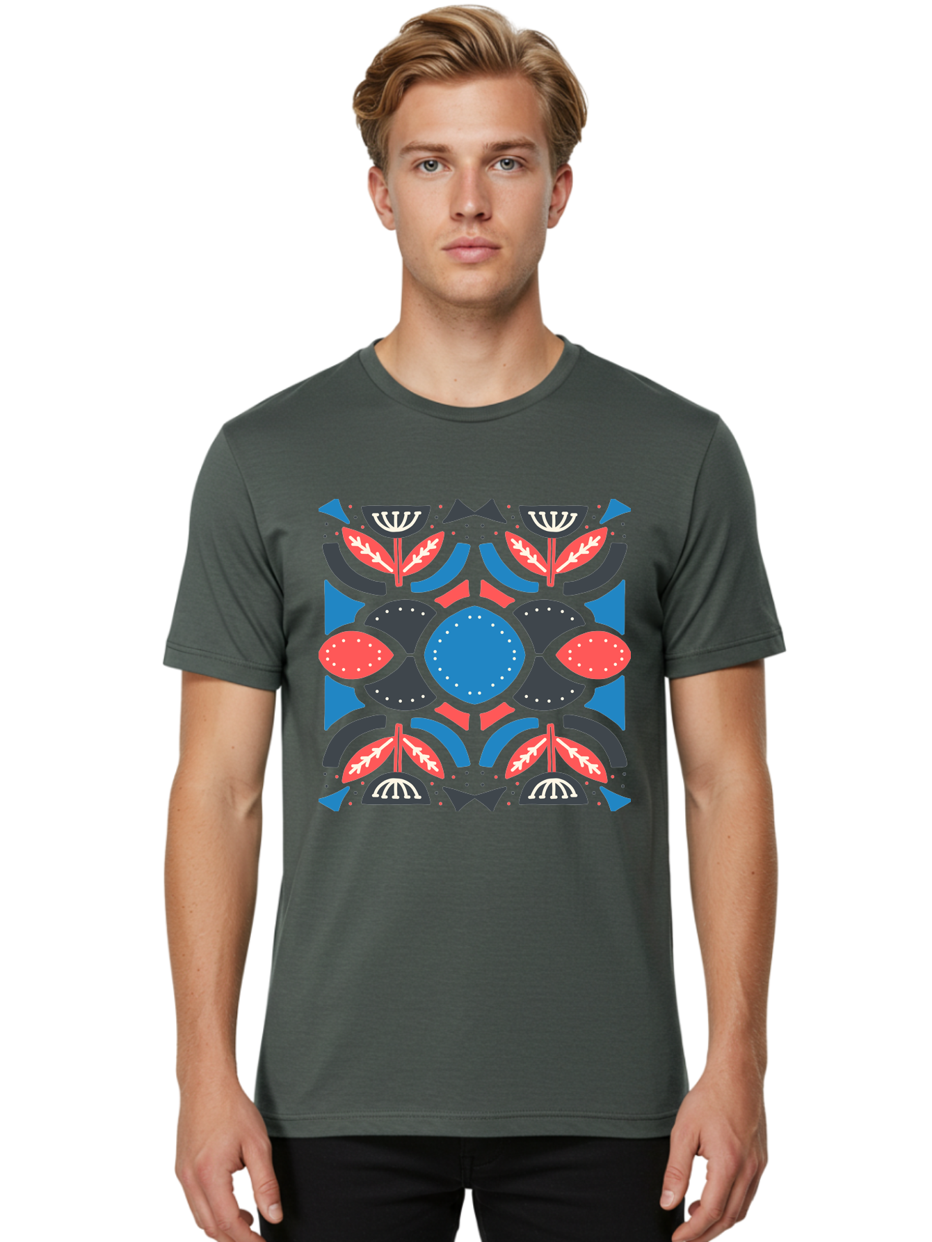Vibrant-Floral-Pattern Men'S Graphic Tee, 100% Cotton, Comfortable Casual Summer Wear, Machine Washable, Floral Pattern, Geometric Shapes, Blue Center, Red And White Leaves, Black And Gray Accents, Symmetrical Design, Abstract Flowers, Aab816