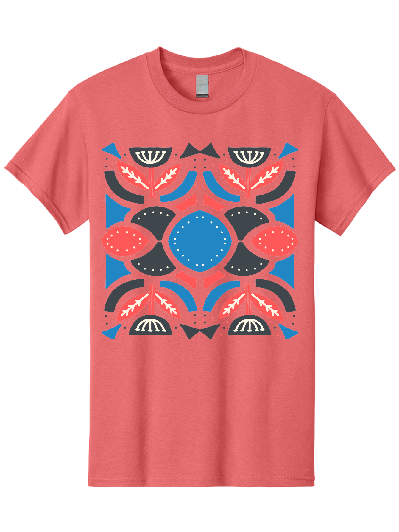 Vibrant-Floral-Pattern Men'S Graphic Tee, 100% Cotton, Comfortable Casual Summer Wear, Machine Washable, Floral Pattern, Geometric Shapes, Blue Center, Red And White Leaves, Black And Gray Accents, Symmetrical Design, Abstract Flowers, Aab816