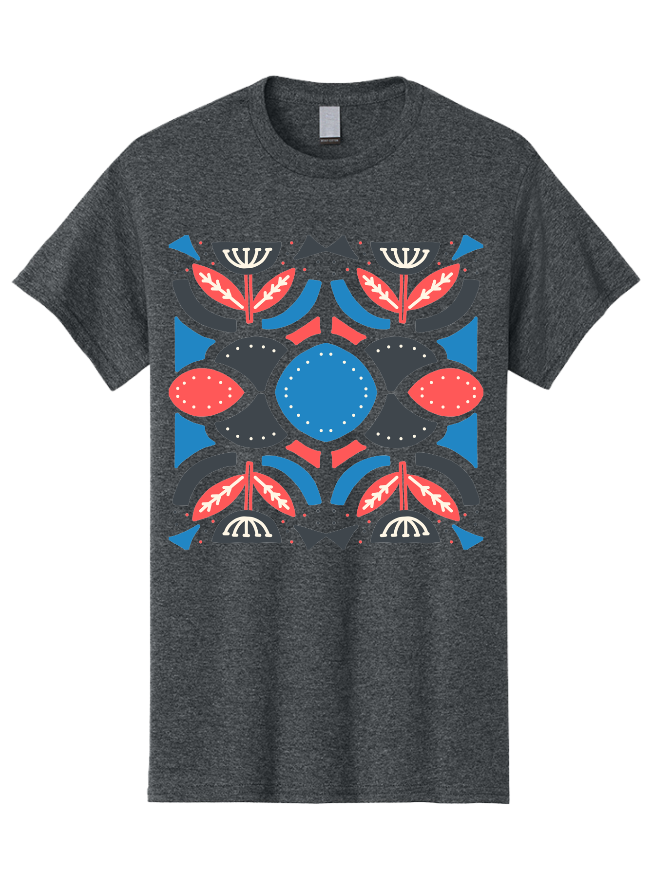 Vibrant-Floral-Pattern Men'S Graphic Tee, 100% Cotton, Comfortable Casual Summer Wear, Machine Washable, Floral Pattern, Geometric Shapes, Blue Center, Red And White Leaves, Black And Gray Accents, Symmetrical Design, Abstract Flowers, Aab816