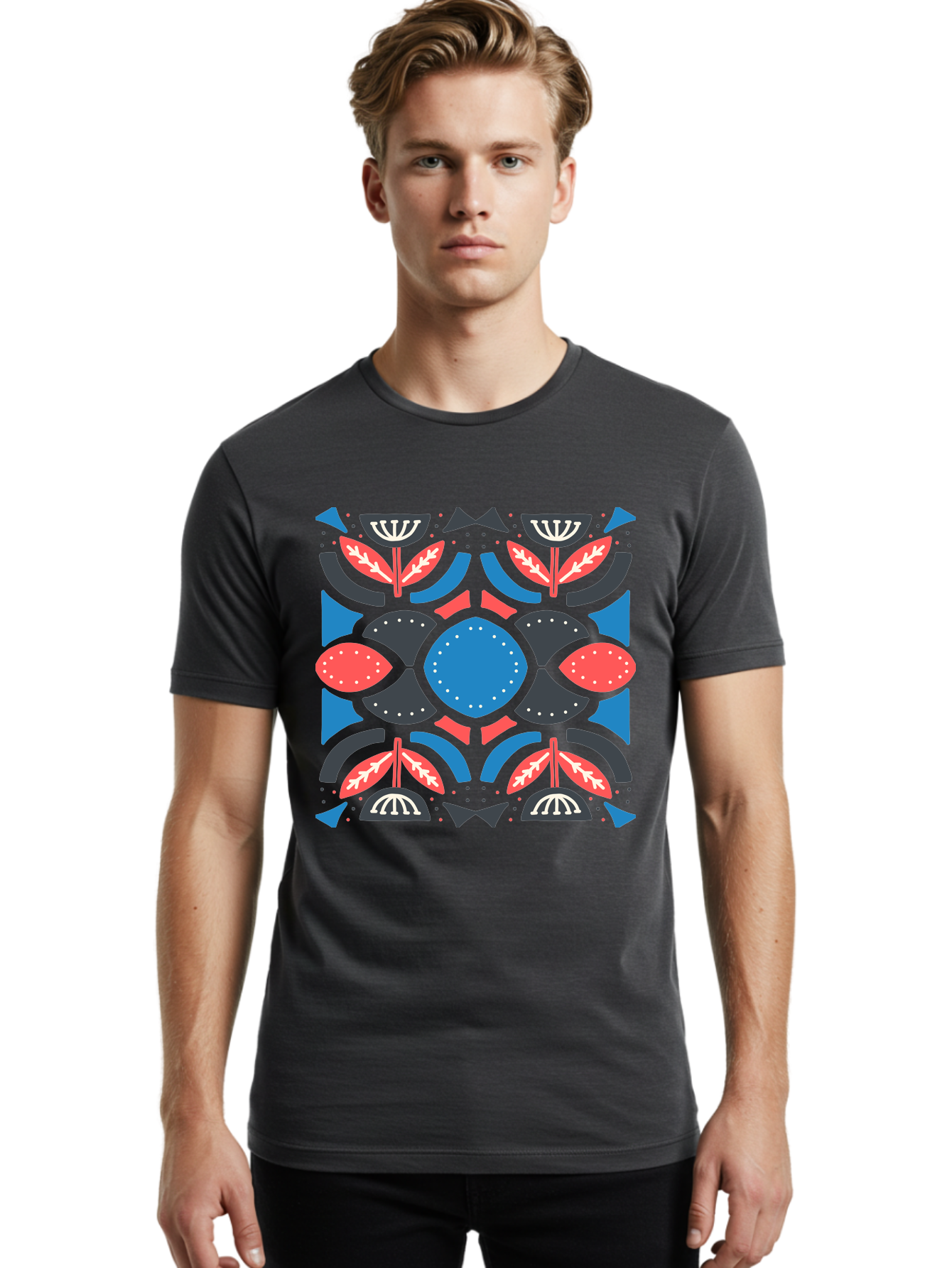 Vibrant-Floral-Pattern Men'S Graphic Tee, 100% Cotton, Comfortable Casual Summer Wear, Machine Washable, Floral Pattern, Geometric Shapes, Blue Center, Red And White Leaves, Black And Gray Accents, Symmetrical Design, Abstract Flowers, Aab816