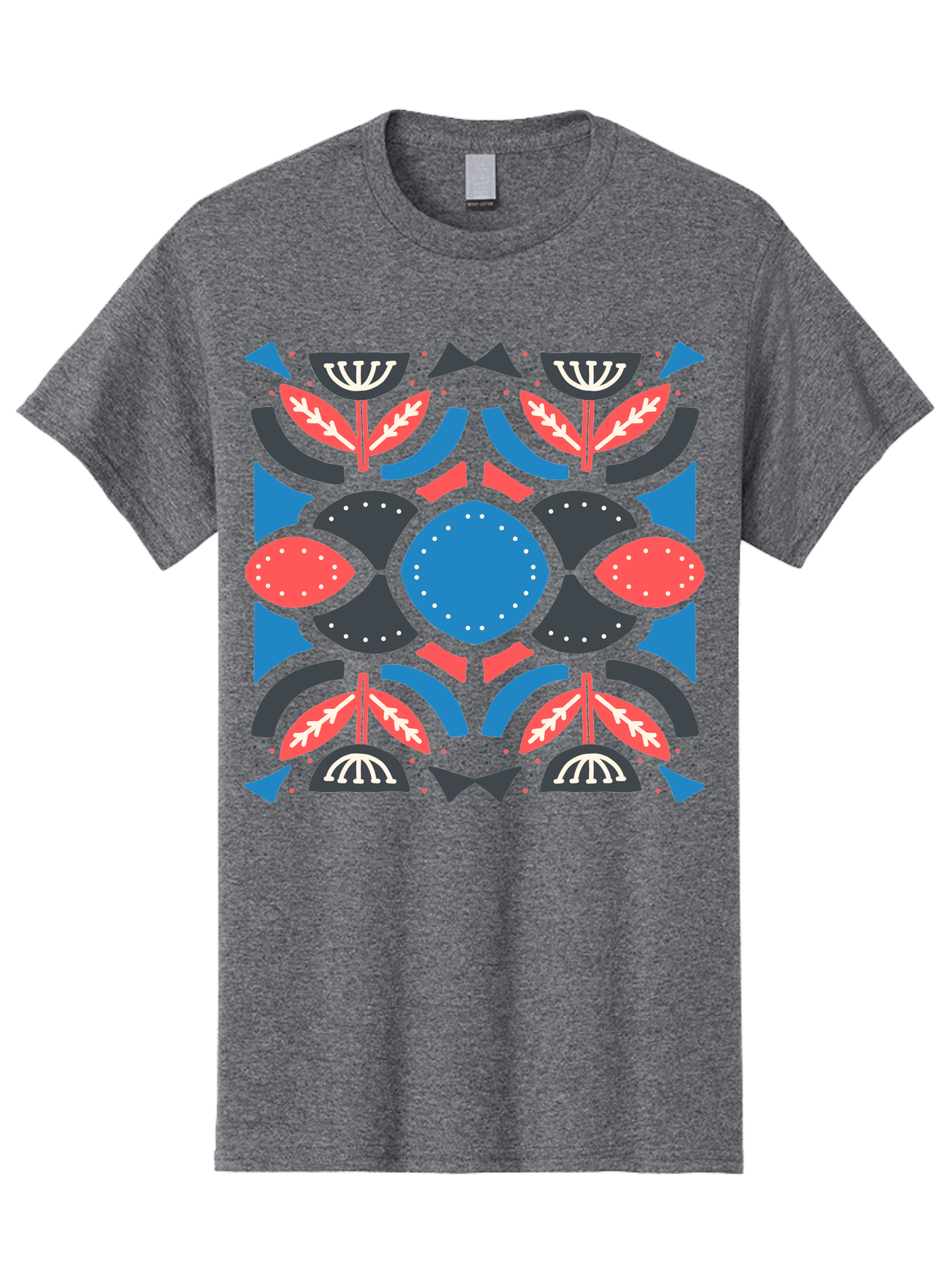 Vibrant-Floral-Pattern Men'S Graphic Tee, 100% Cotton, Comfortable Casual Summer Wear, Machine Washable, Floral Pattern, Geometric Shapes, Blue Center, Red And White Leaves, Black And Gray Accents, Symmetrical Design, Abstract Flowers, Aab816