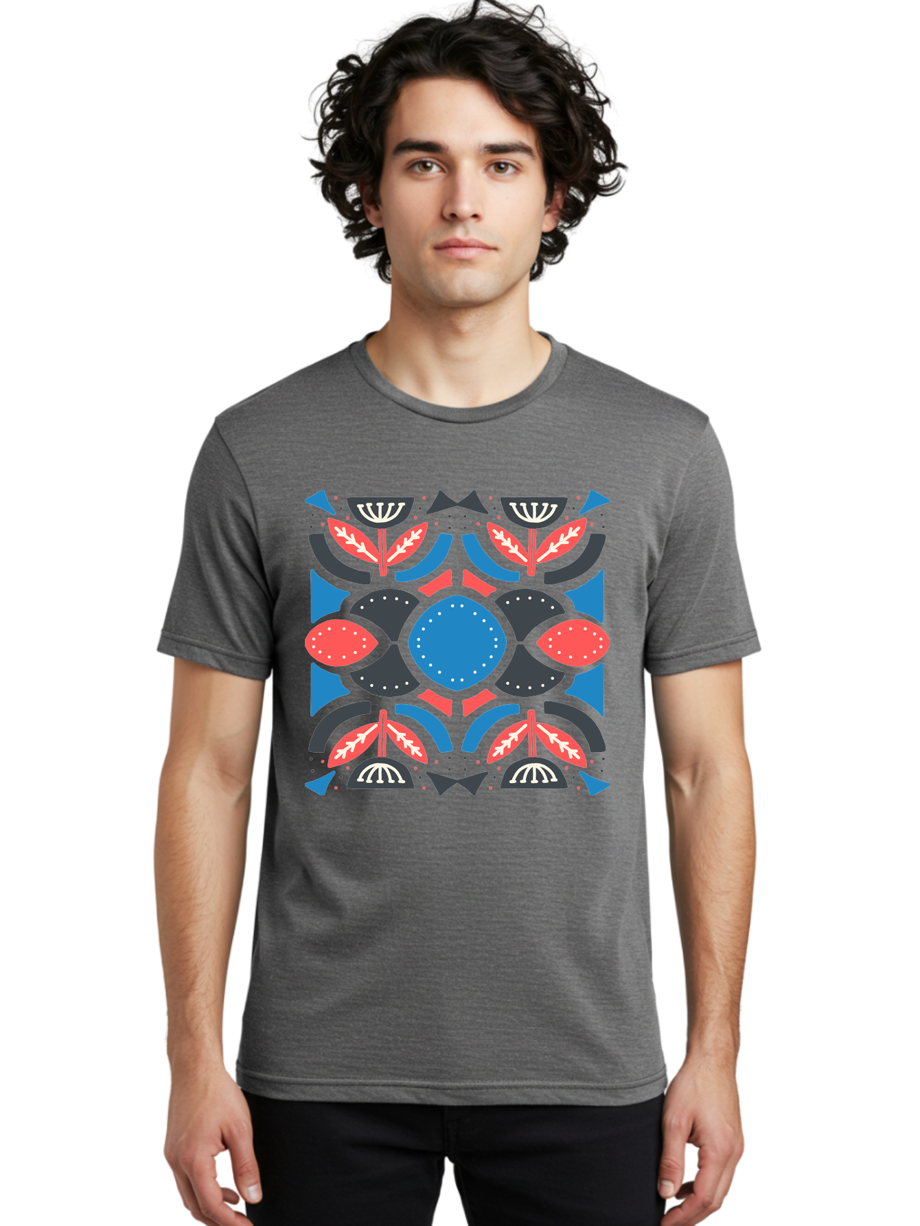 Vibrant-Floral-Pattern Men'S Graphic Tee, 100% Cotton, Comfortable Casual Summer Wear, Machine Washable, Floral Pattern, Geometric Shapes, Blue Center, Red And White Leaves, Black And Gray Accents, Symmetrical Design, Abstract Flowers, Aab816