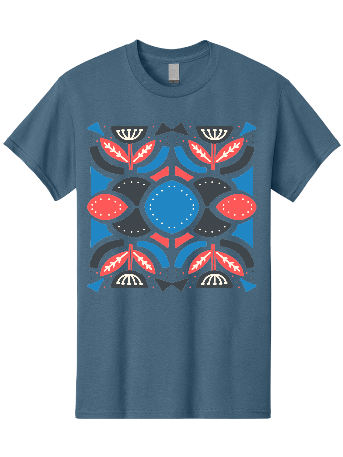Vibrant-Floral-Pattern Men'S Graphic Tee, 100% Cotton, Comfortable Casual Summer Wear, Machine Washable, Floral Pattern, Geometric Shapes, Blue Center, Red And White Leaves, Black And Gray Accents, Symmetrical Design, Abstract Flowers, Aab816
