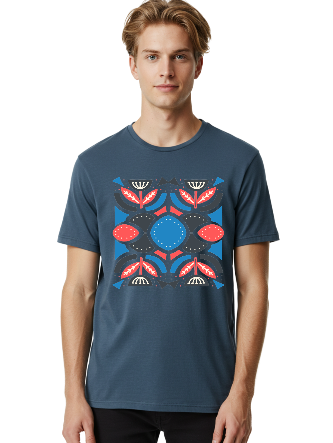 Vibrant-Floral-Pattern Men'S Graphic Tee, 100% Cotton, Comfortable Casual Summer Wear, Machine Washable, Floral Pattern, Geometric Shapes, Blue Center, Red And White Leaves, Black And Gray Accents, Symmetrical Design, Abstract Flowers, Aab816