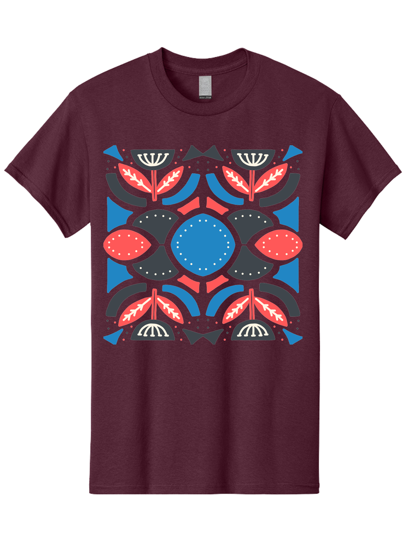 Vibrant-Floral-Pattern Men'S Graphic Tee, 100% Cotton, Comfortable Casual Summer Wear, Machine Washable, Floral Pattern, Geometric Shapes, Blue Center, Red And White Leaves, Black And Gray Accents, Symmetrical Design, Abstract Flowers, Aab816