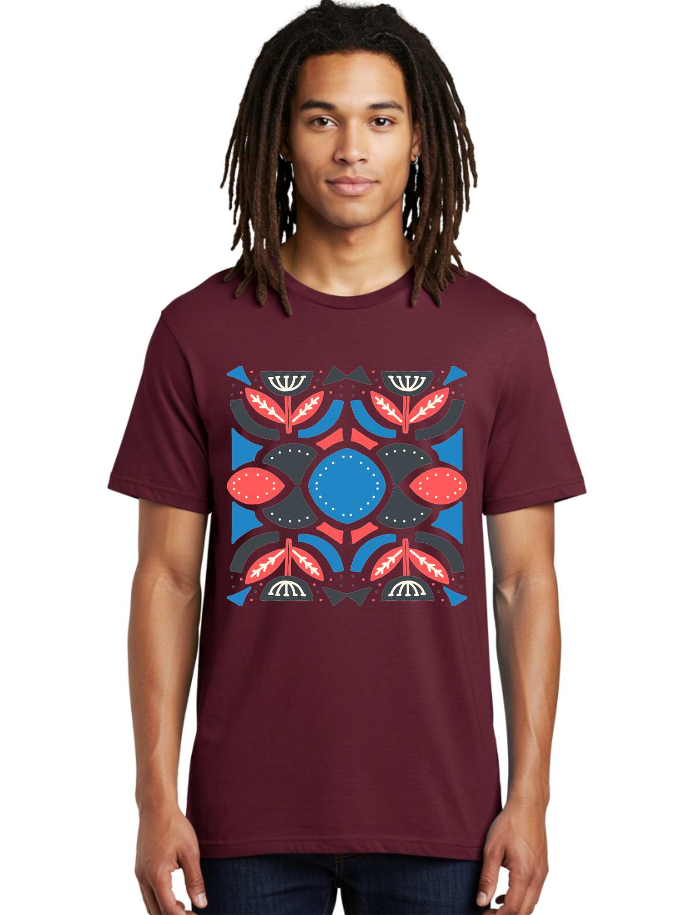 Vibrant-Floral-Pattern Men'S Graphic Tee, 100% Cotton, Comfortable Casual Summer Wear, Machine Washable, Floral Pattern, Geometric Shapes, Blue Center, Red And White Leaves, Black And Gray Accents, Symmetrical Design, Abstract Flowers, Aab816