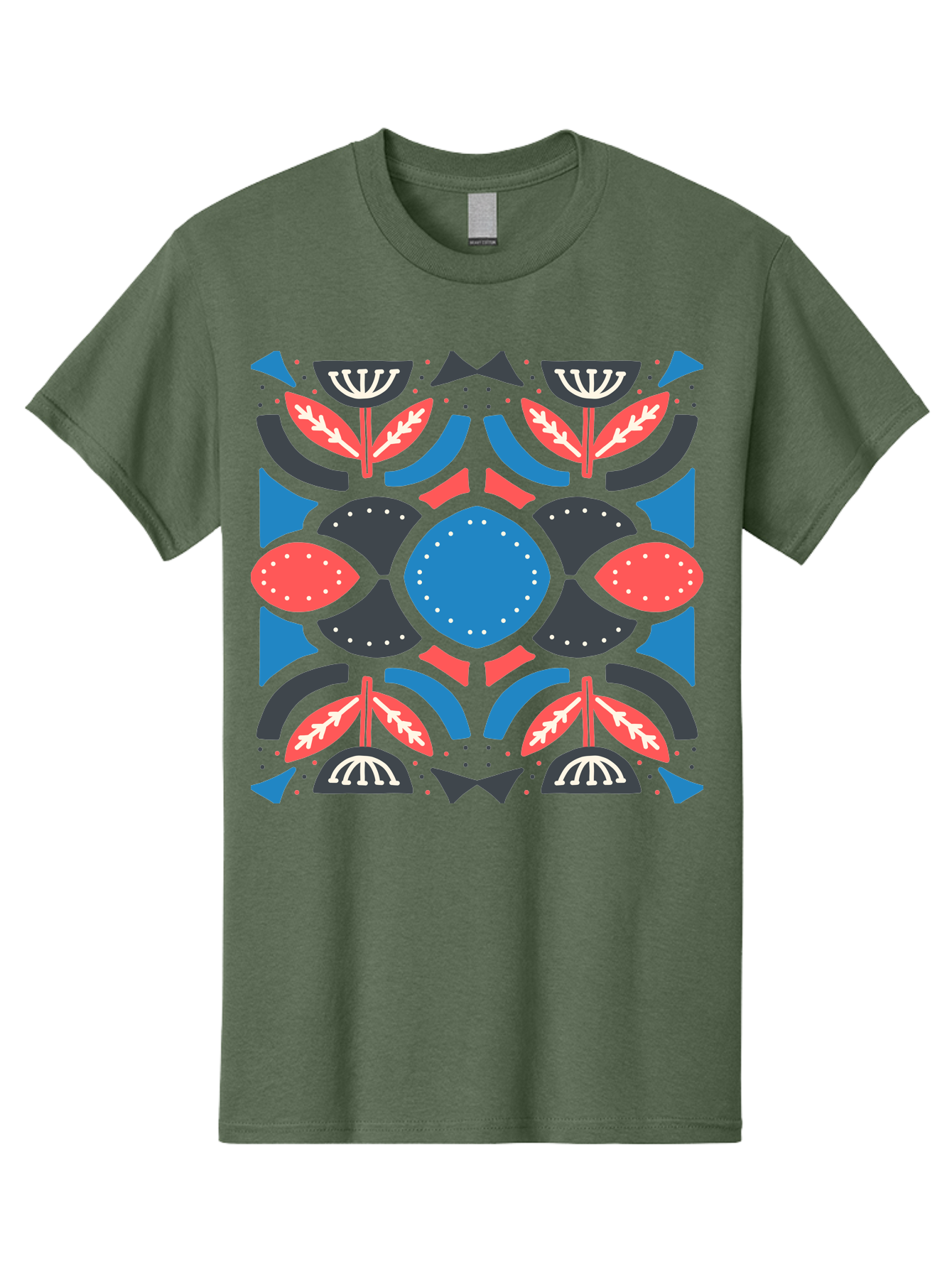 Vibrant-Floral-Pattern Men'S Graphic Tee, 100% Cotton, Comfortable Casual Summer Wear, Machine Washable, Floral Pattern, Geometric Shapes, Blue Center, Red And White Leaves, Black And Gray Accents, Symmetrical Design, Abstract Flowers, Aab816