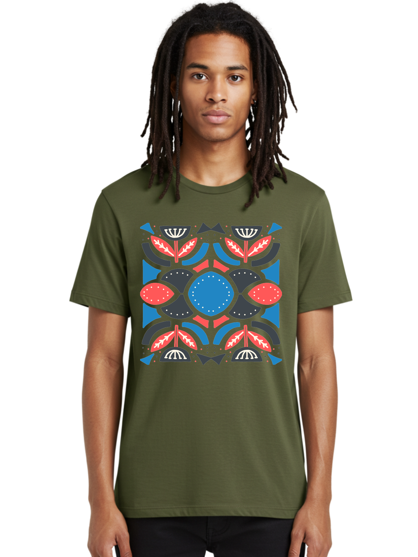 Vibrant-Floral-Pattern Men'S Graphic Tee, 100% Cotton, Comfortable Casual Summer Wear, Machine Washable, Floral Pattern, Geometric Shapes, Blue Center, Red And White Leaves, Black And Gray Accents, Symmetrical Design, Abstract Flowers, Aab816