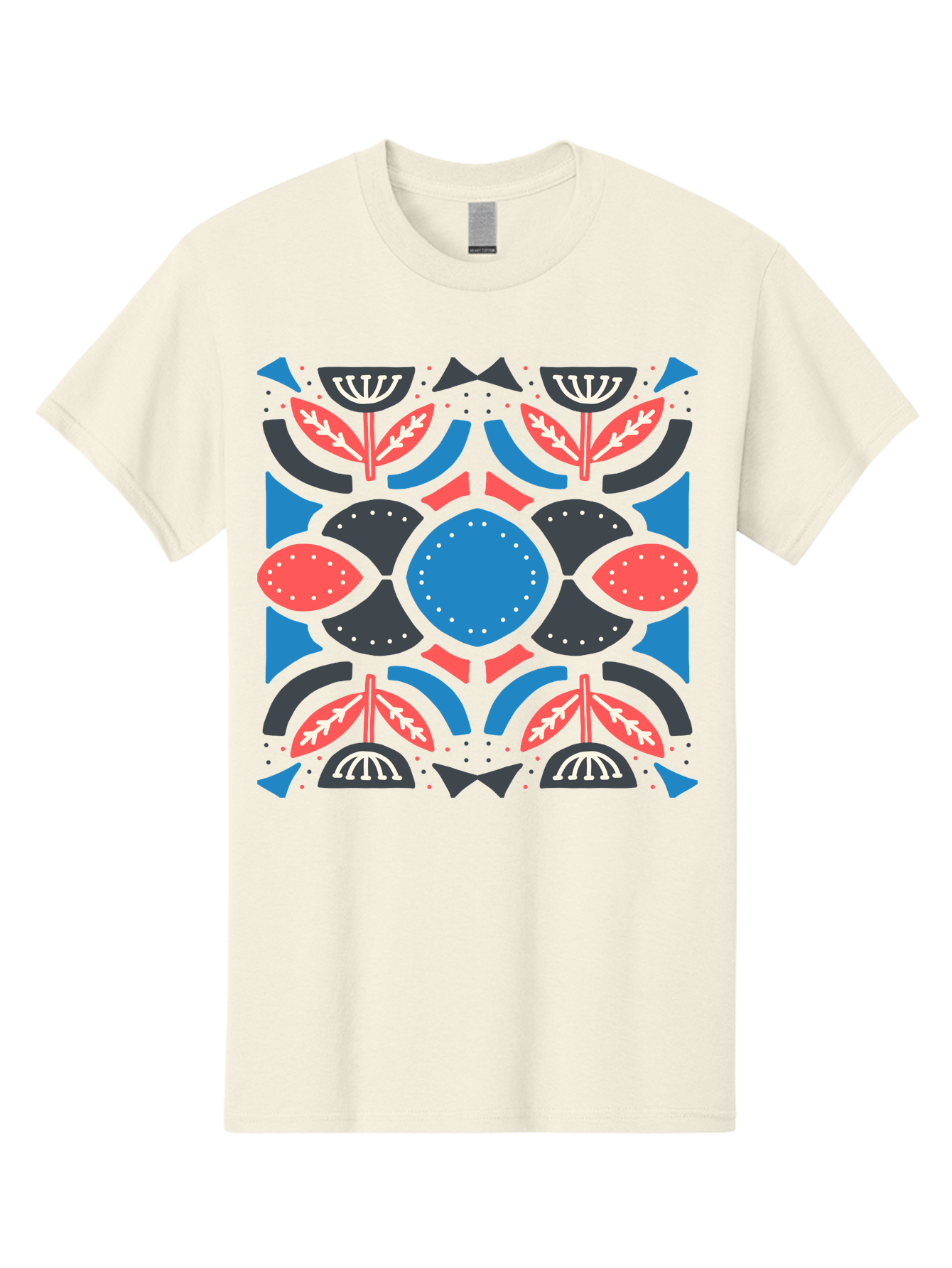 Vibrant-Floral-Pattern Men'S Graphic Tee, 100% Cotton, Comfortable Casual Summer Wear, Machine Washable, Floral Pattern, Geometric Shapes, Blue Center, Red And White Leaves, Black And Gray Accents, Symmetrical Design, Abstract Flowers, Aab816