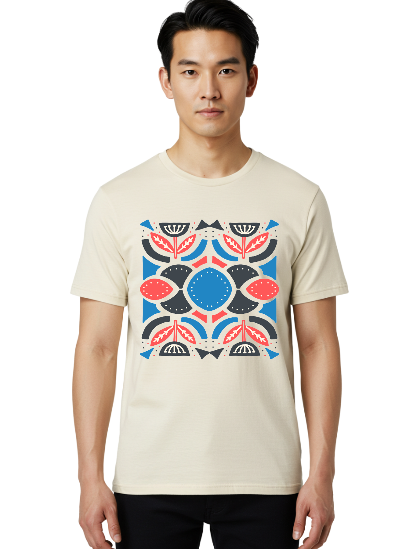 Vibrant-Floral-Pattern Men'S Graphic Tee, 100% Cotton, Comfortable Casual Summer Wear, Machine Washable, Floral Pattern, Geometric Shapes, Blue Center, Red And White Leaves, Black And Gray Accents, Symmetrical Design, Abstract Flowers, Aab816