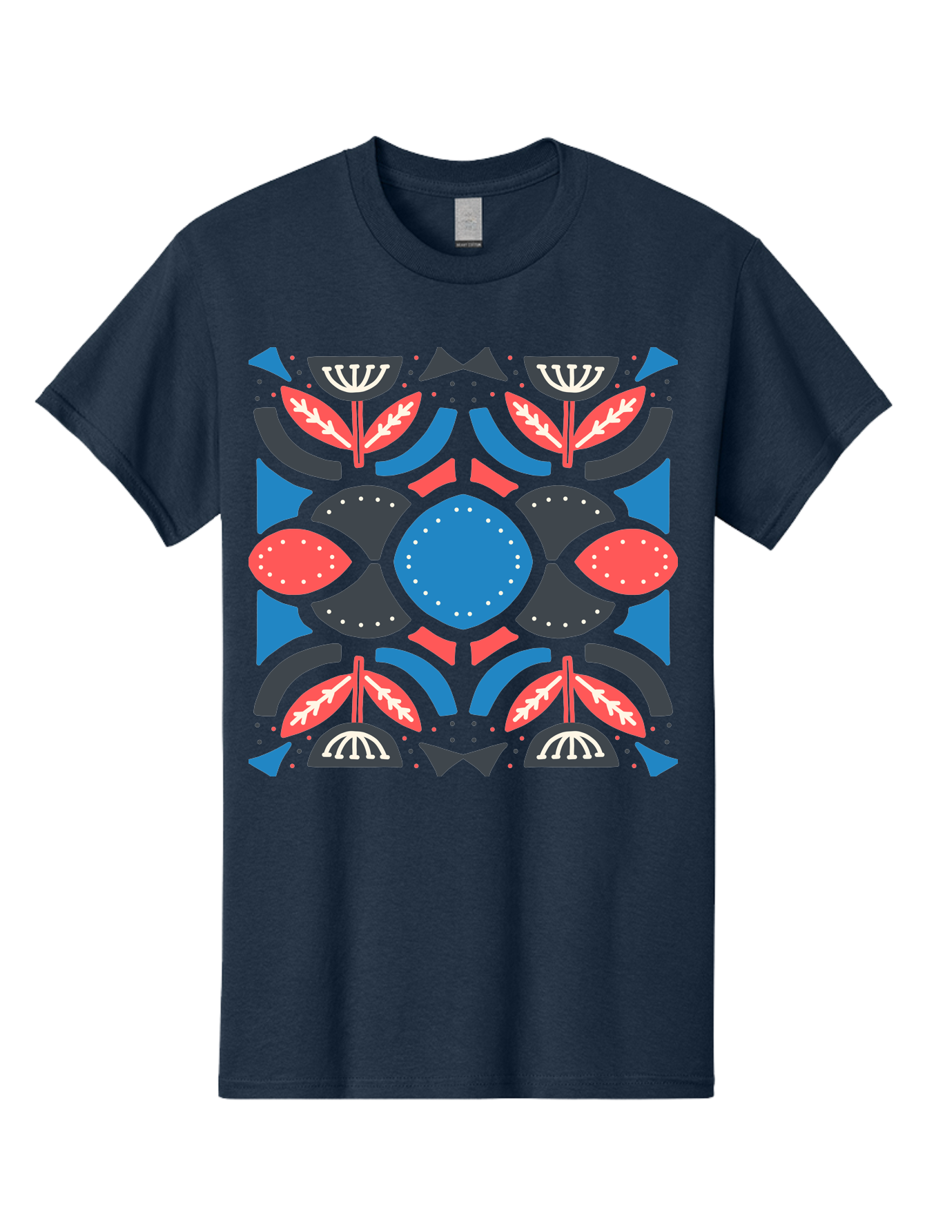 Vibrant-Floral-Pattern Men'S Graphic Tee, 100% Cotton, Comfortable Casual Summer Wear, Machine Washable, Floral Pattern, Geometric Shapes, Blue Center, Red And White Leaves, Black And Gray Accents, Symmetrical Design, Abstract Flowers, Aab816