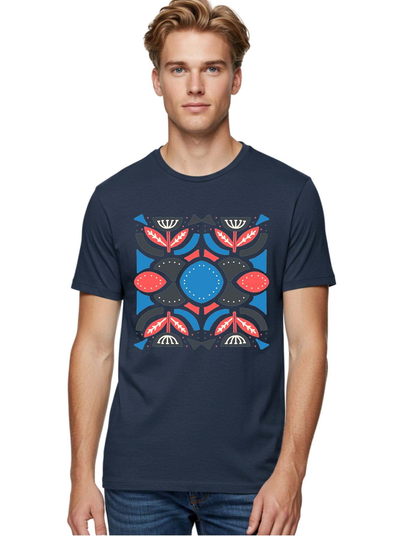 Vibrant-Floral-Pattern Men'S Graphic Tee, 100% Cotton, Comfortable Casual Summer Wear, Machine Washable, Floral Pattern, Geometric Shapes, Blue Center, Red And White Leaves, Black And Gray Accents, Symmetrical Design, Abstract Flowers, Aab816