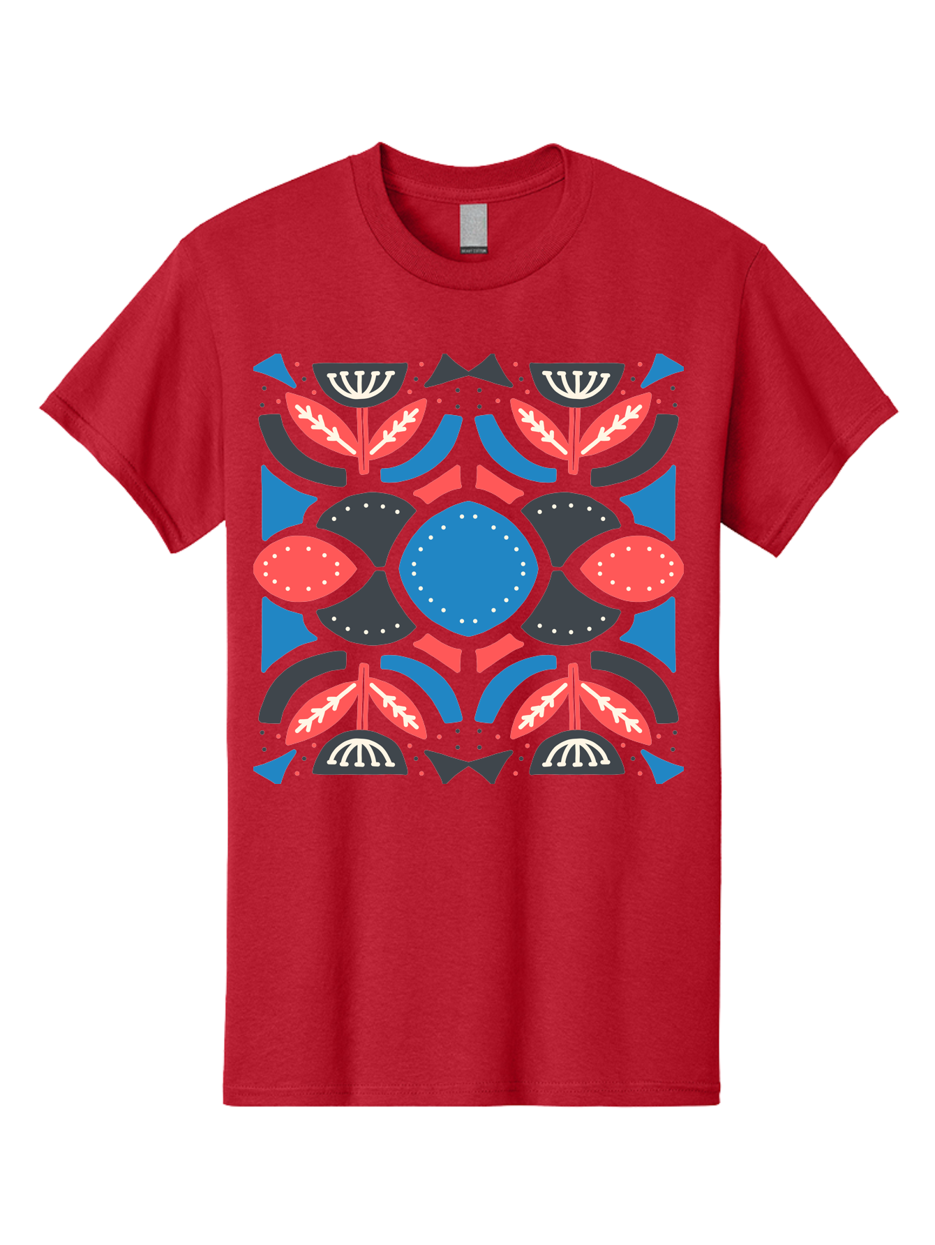 Vibrant-Floral-Pattern Men'S Graphic Tee, 100% Cotton, Comfortable Casual Summer Wear, Machine Washable, Floral Pattern, Geometric Shapes, Blue Center, Red And White Leaves, Black And Gray Accents, Symmetrical Design, Abstract Flowers, Aab816