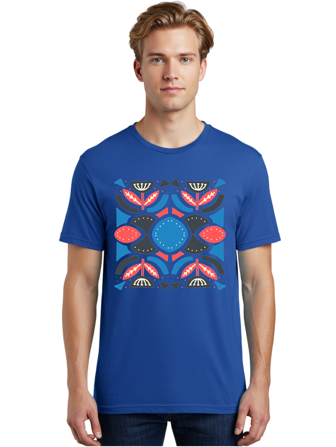 Vibrant-Floral-Pattern Men'S Graphic Tee, 100% Cotton, Comfortable Casual Summer Wear, Machine Washable, Floral Pattern, Geometric Shapes, Blue Center, Red And White Leaves, Black And Gray Accents, Symmetrical Design, Abstract Flowers, Aab816